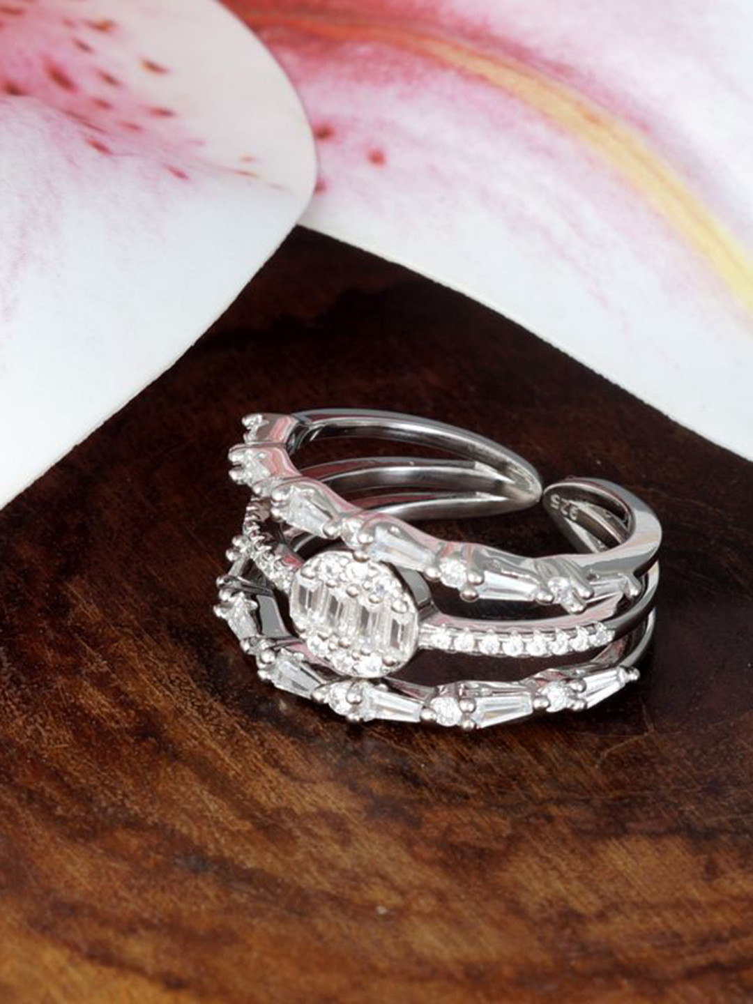 Tuanz Silver Jewelry Damia Twin 925 Sterling Silver Rhodium-Plated CZ-Stone Studded Ring