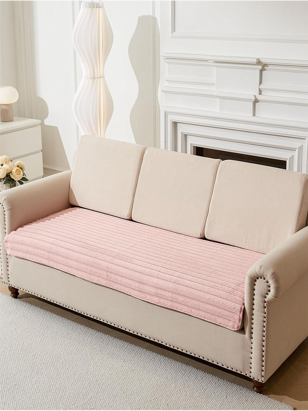 HOUSE OF QUIRK 3D Striped Rabbit Plush Soft Sofa Mat Anti-Slip One Seater Sofa Cover