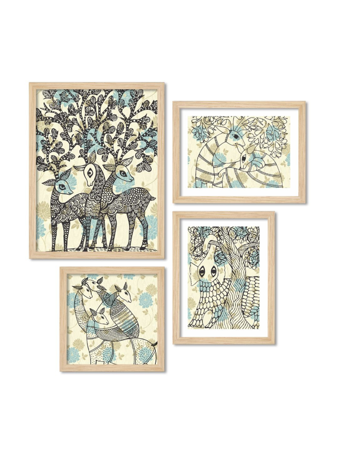 ArtVibes Beige & Blue 4 Pieces Deer Line Wooden Painting Wall Arts