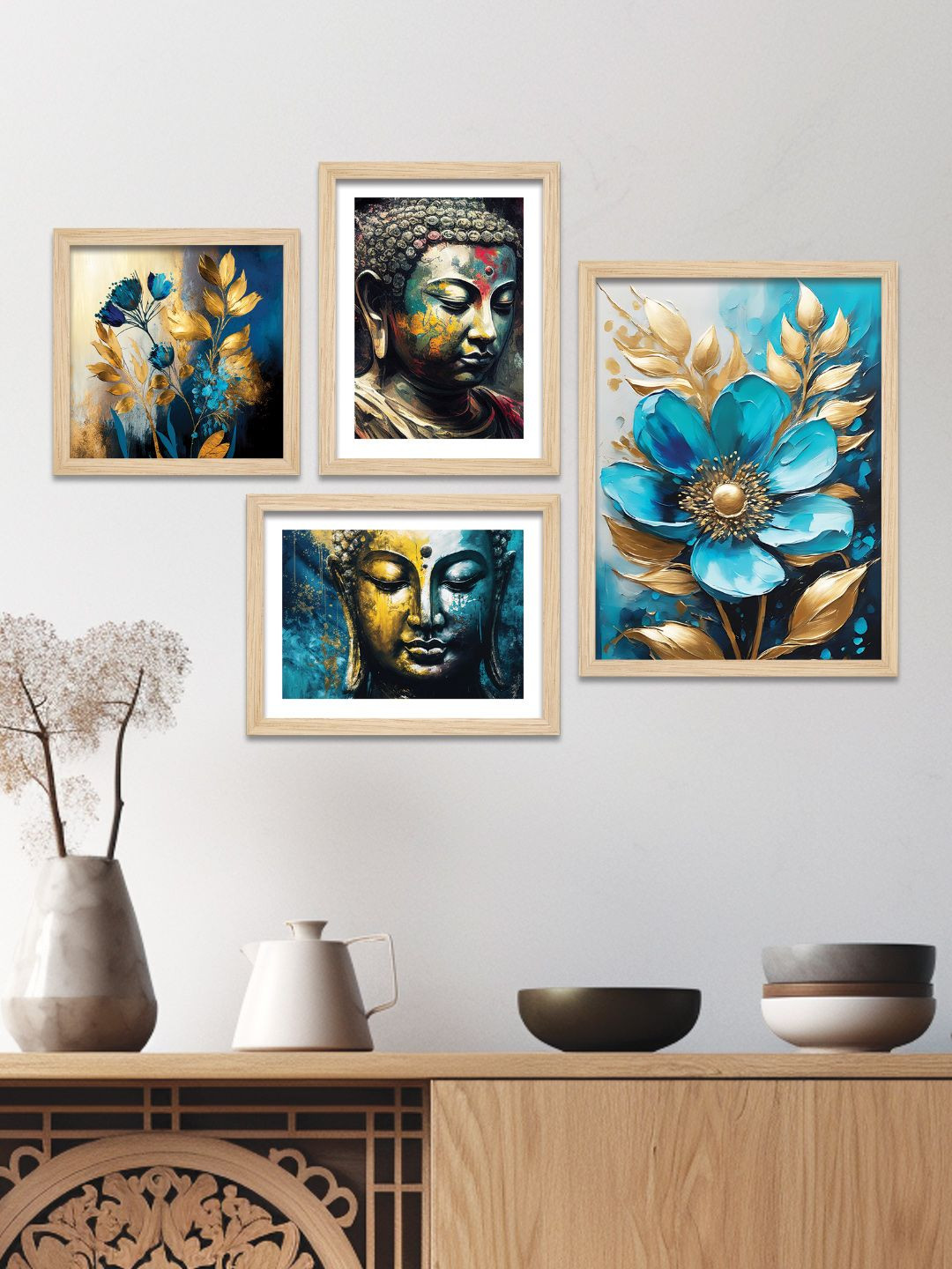 ArtVibes The Joyful Buddha Spiritual Blue 4 Pieces Wooden Paintings Wall Arts