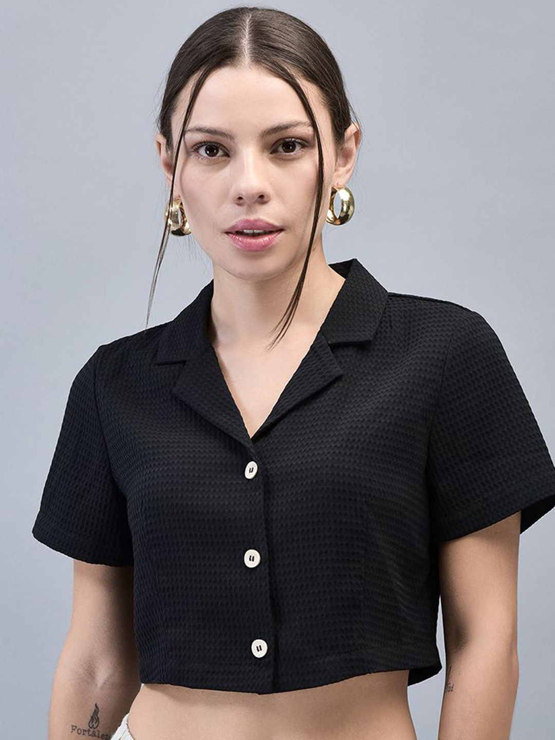 Woods Women Cuban Collar Shirt Style Crop Top