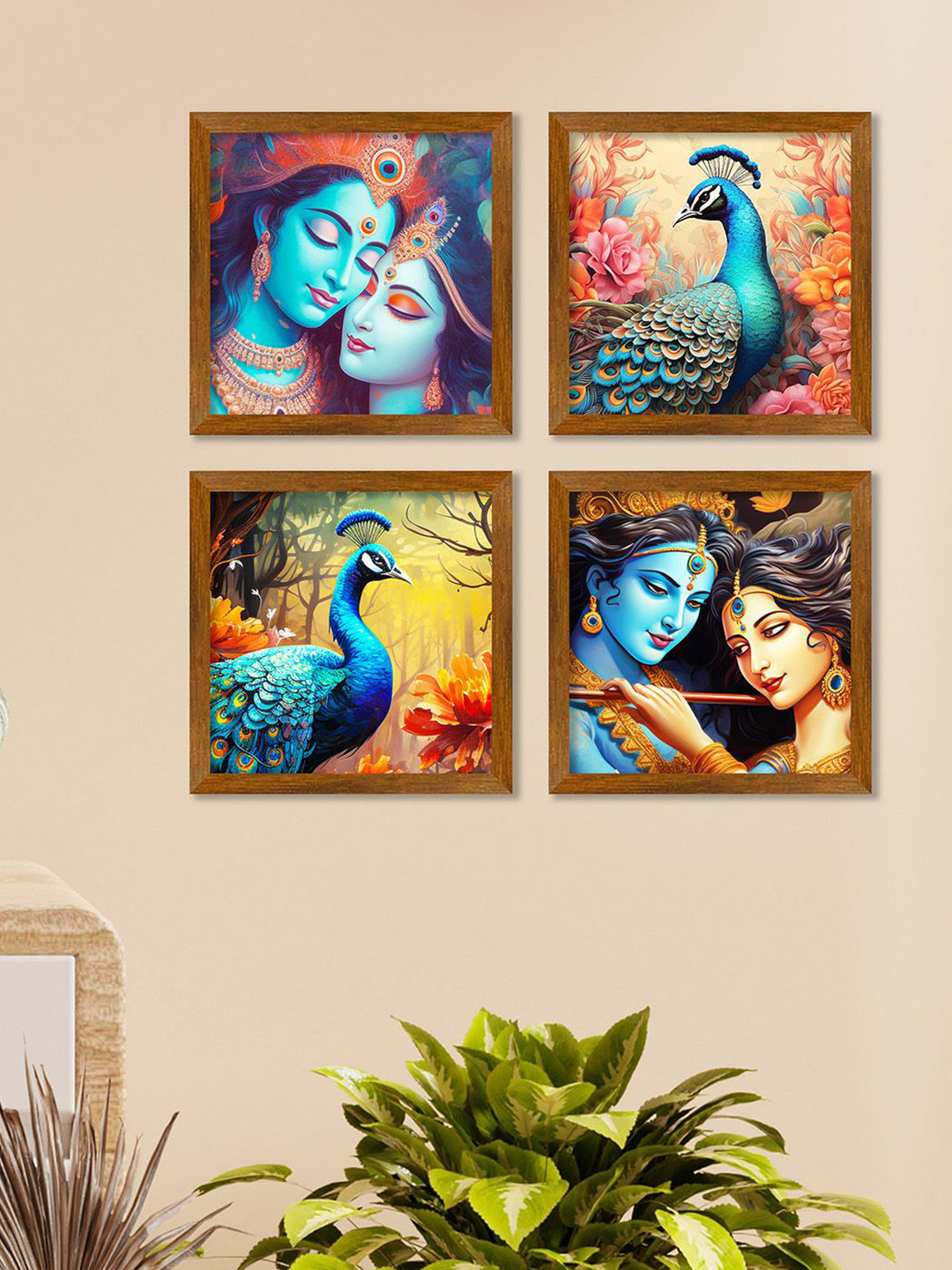ArtVibes Blue & Brown 4 Pieces Shree Radha & Krishna Wooden Wall Art