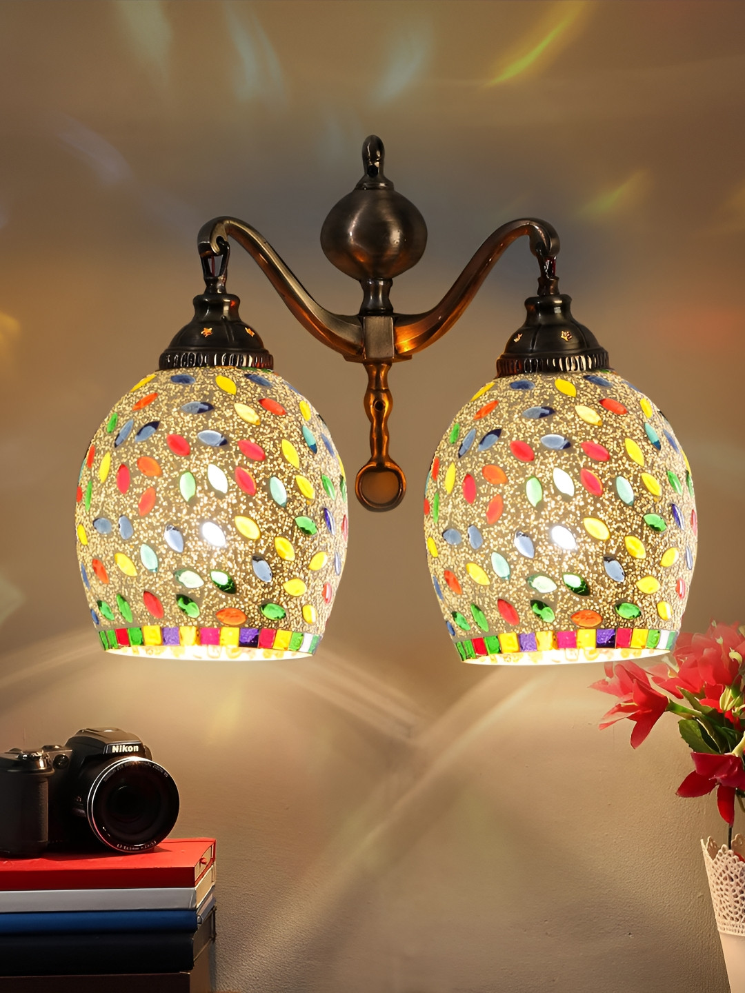 Devansh White & Green Textured Bell Shaped Mosaic Glass Contemporary Wall Lamp