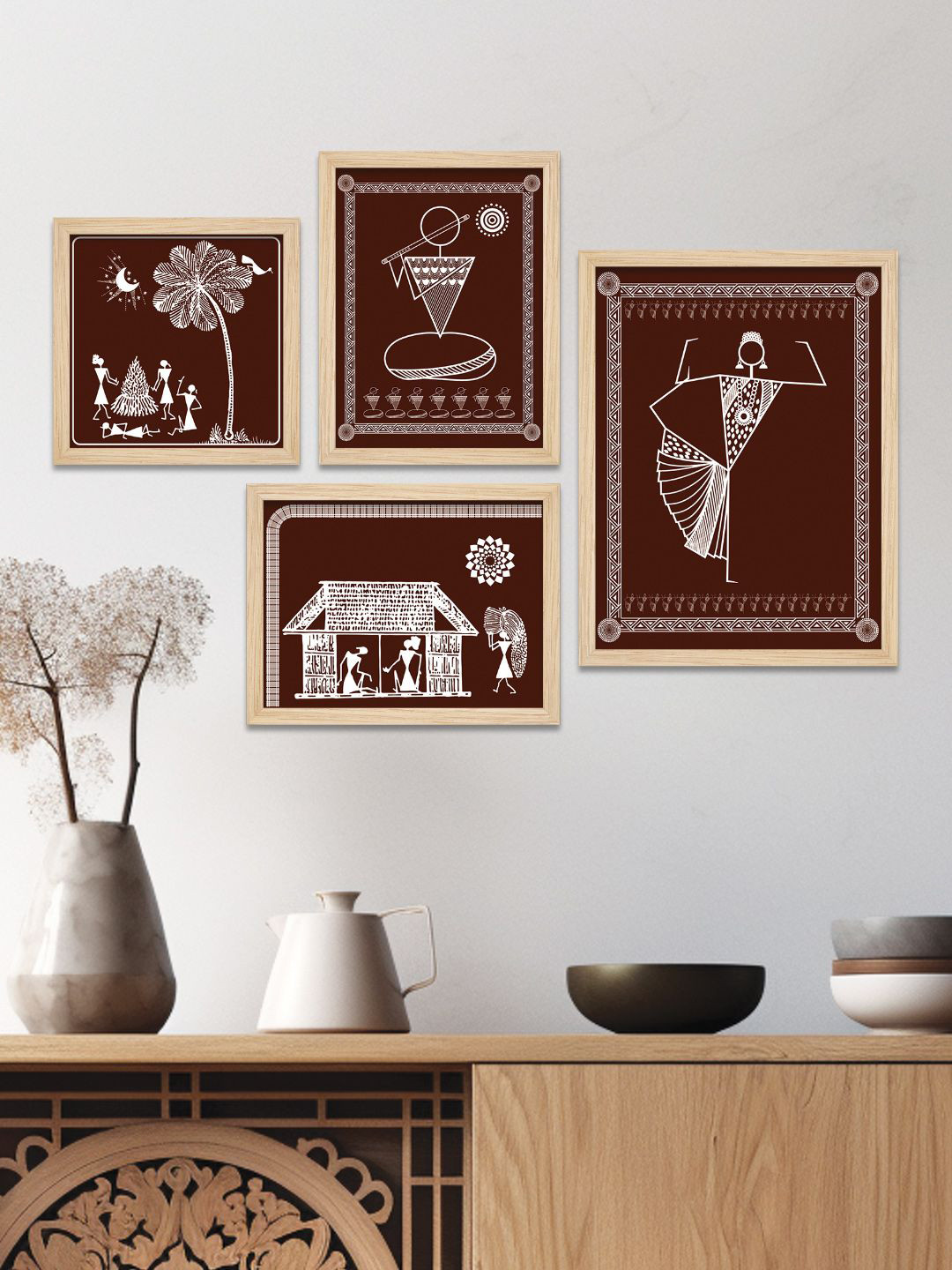 ArtVibes Indian Rural Life Wood 4 Piece Wall Rectangle Paintings Wall Art