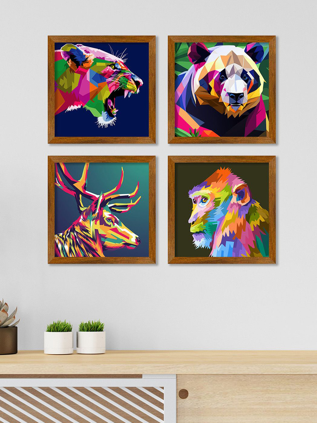 ArtVibes Blue & Pink 4 Pieces Wooden Animal Face Paintings Wall Art