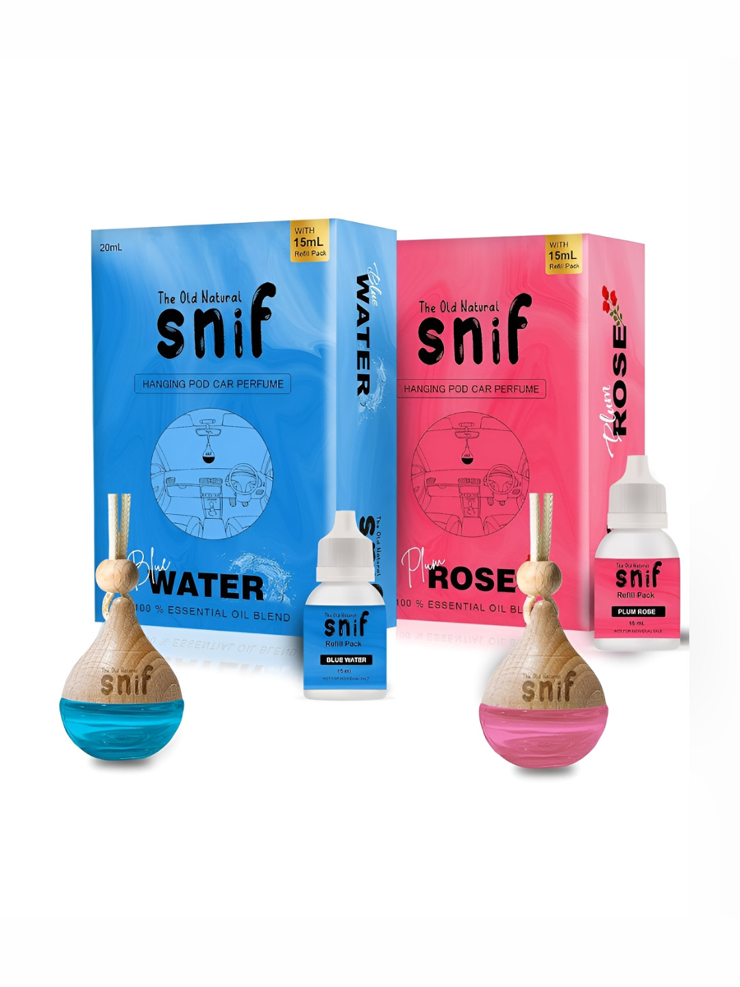 The Old Natural Set Of 2 Plum Rose & Blue Water Car Freshener With Essential Oils - 15 ml