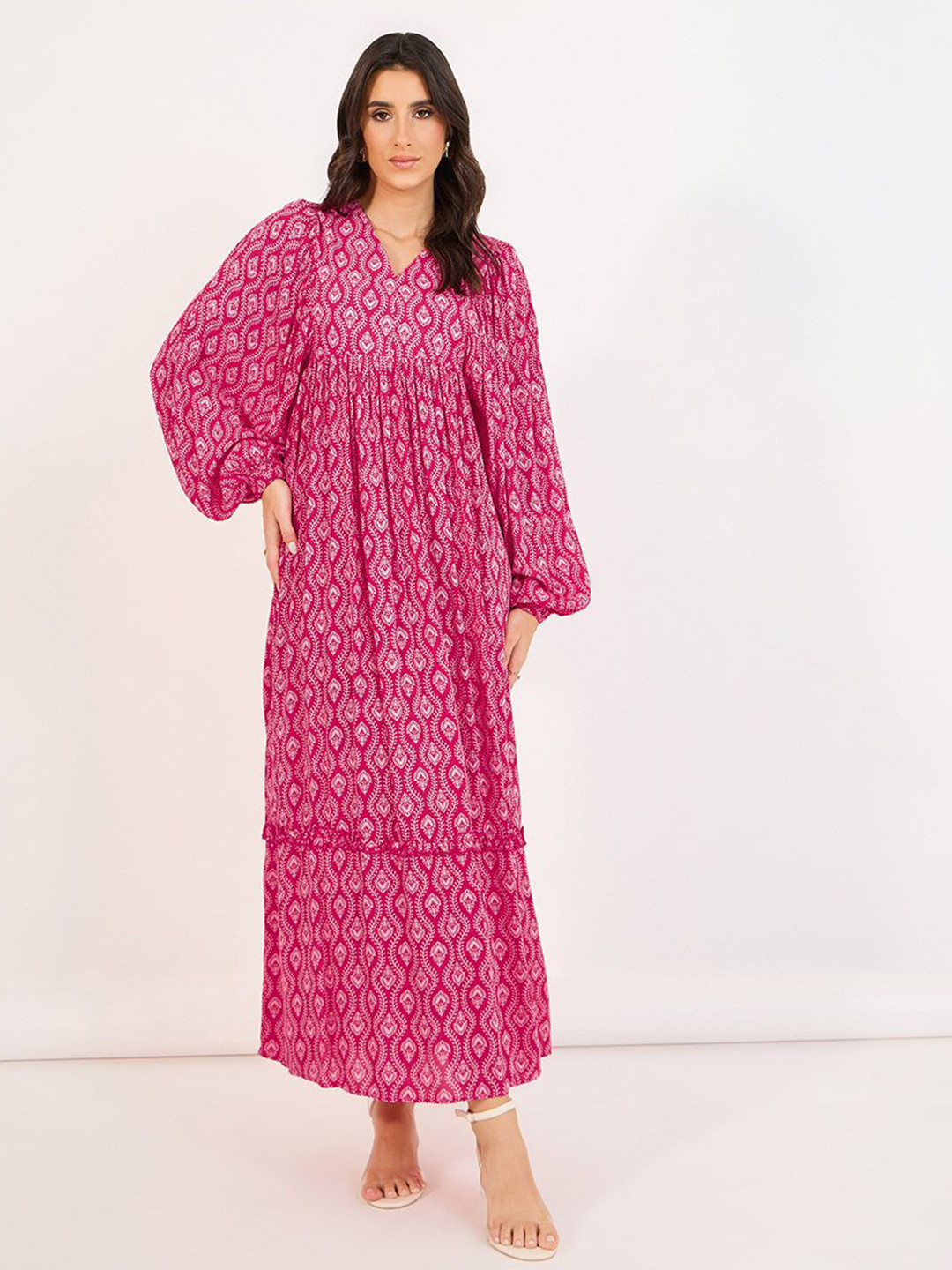 Styli Women Ethnic Print V-Neck Balloon Sleeves A-Line Maxi Dress
