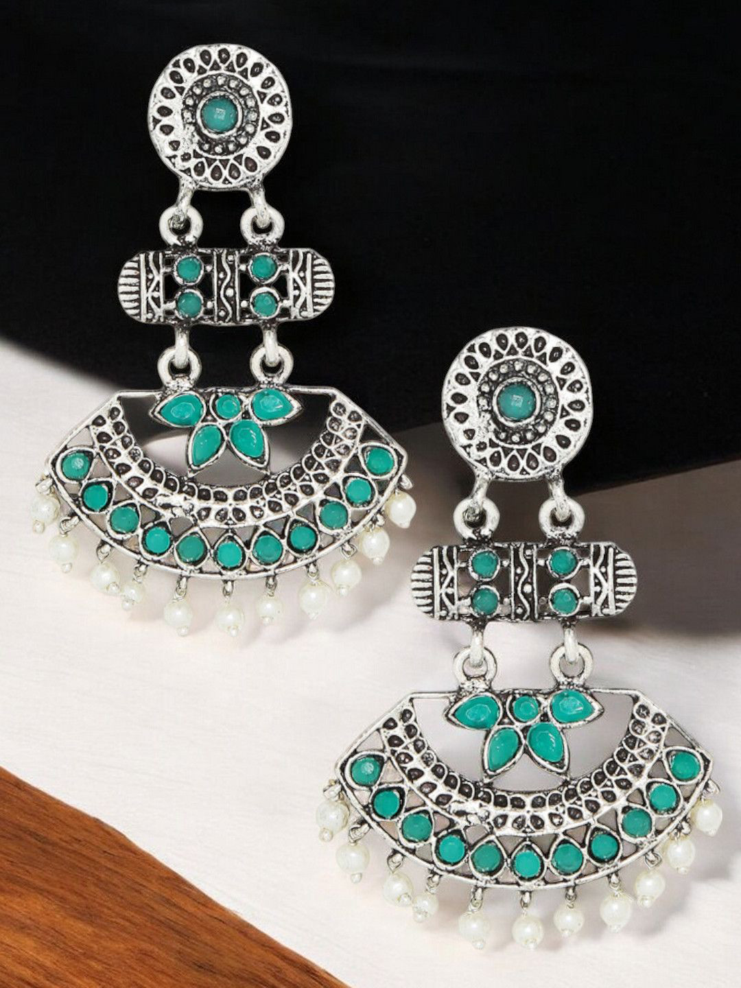 Sangria Arificial Stones Studded & Beaded Oxidised Peacock Design Ethnic Drop Earrings