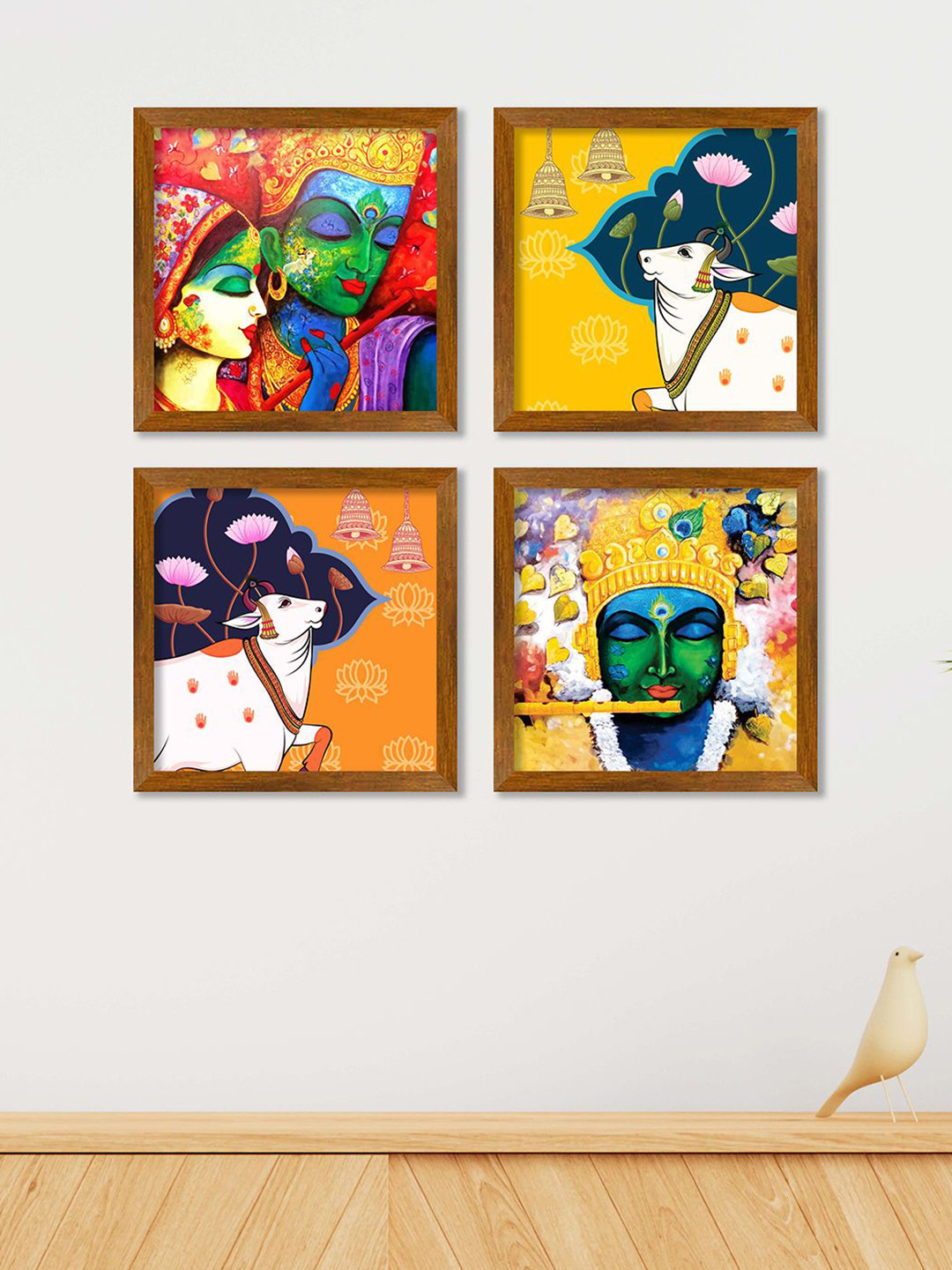 ArtVibes Blue & White 4 Pieces Lord Radha Krishna Playing Flute Wooden Printed Wall Arts