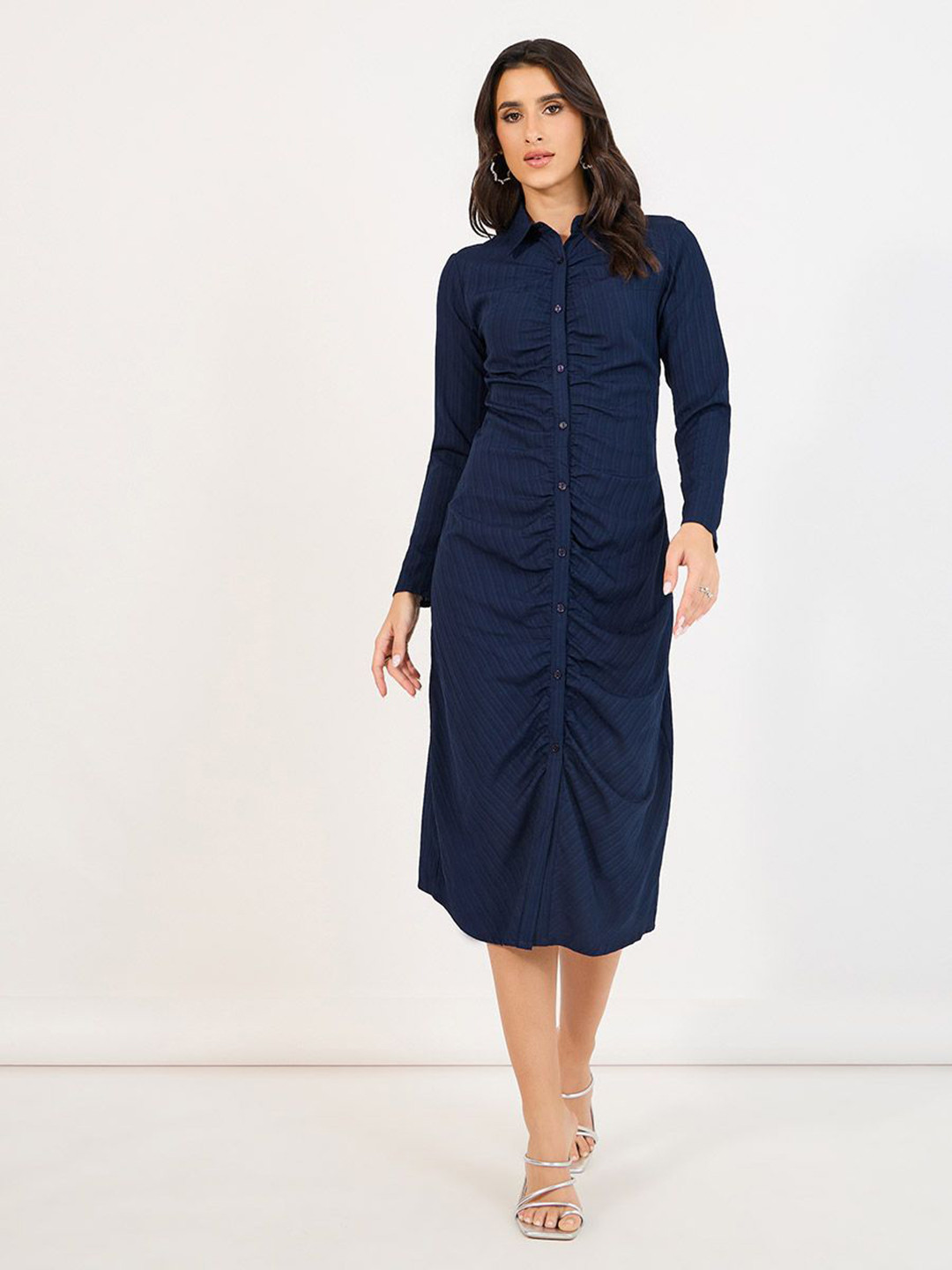 Styli Women Solid Shirt Collar Long Sleeves Ruched A-Line Midi Length Dress