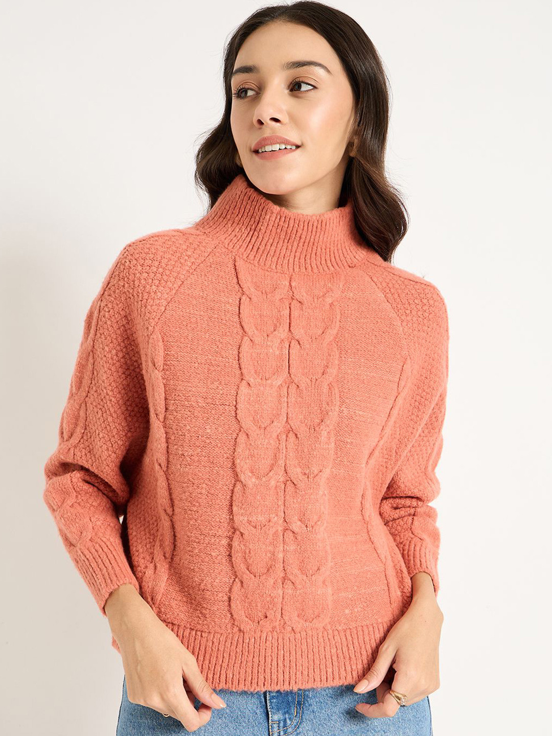 FEMMELLA Women Self Design Turtle Neck Long Sleeves Cable Knit Sweater Vest