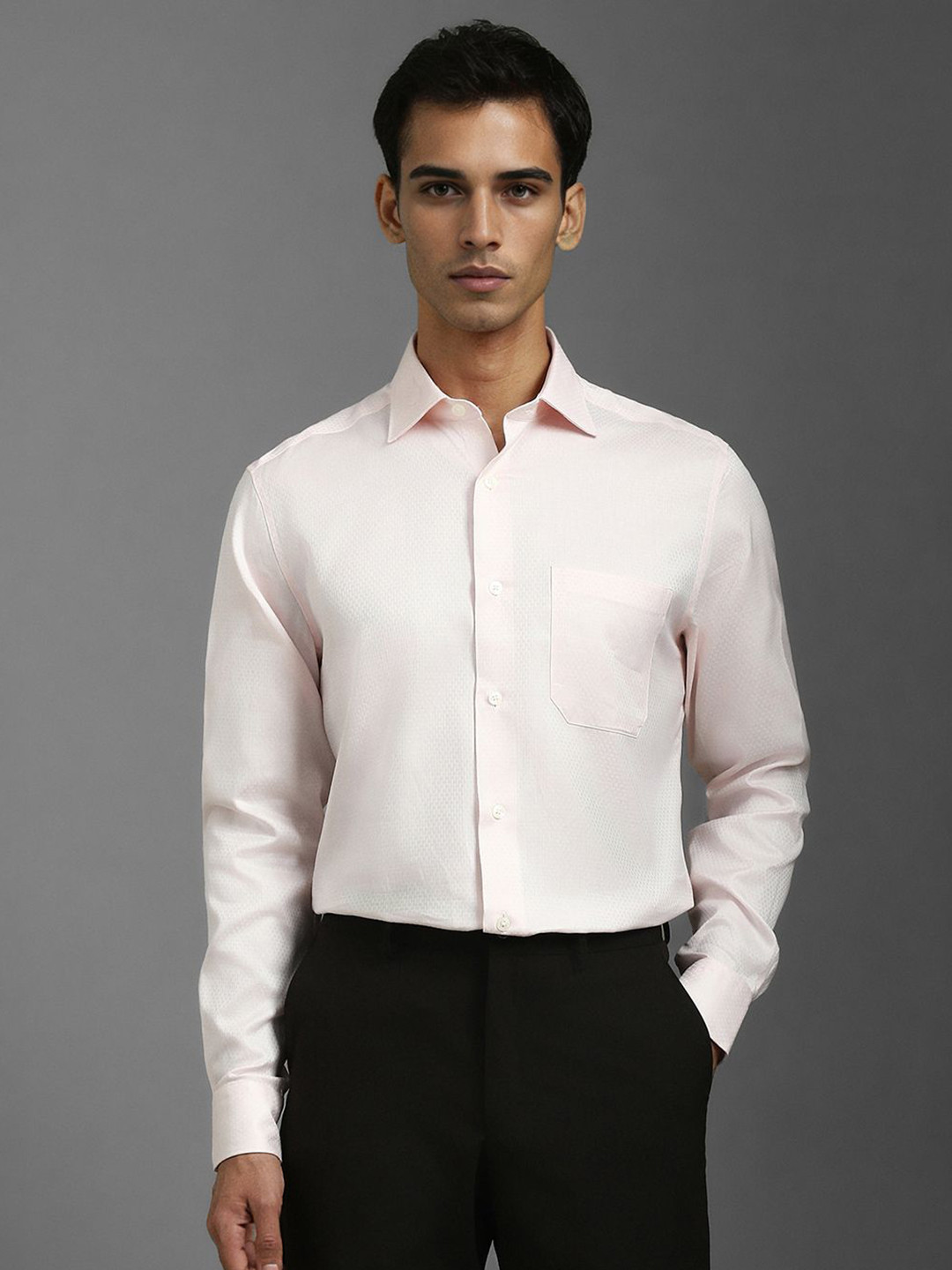 Louis Philippe Peach Pure Cotton Classic Fit Textured Full Sleeves Formal Shirt