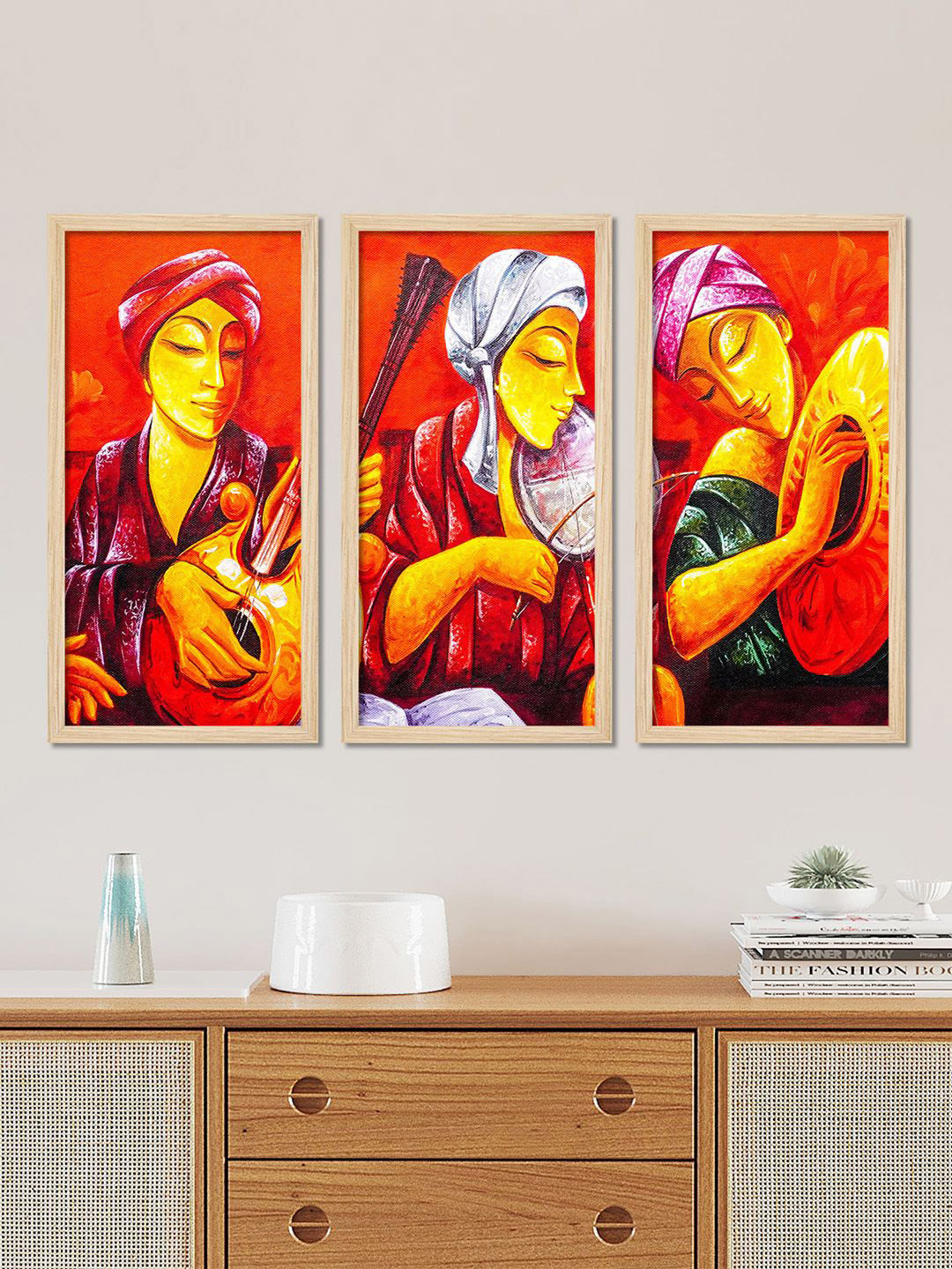 ArtVibes 3-Pcs Yellow & Red Musicians Printed Wooden Wall Arts