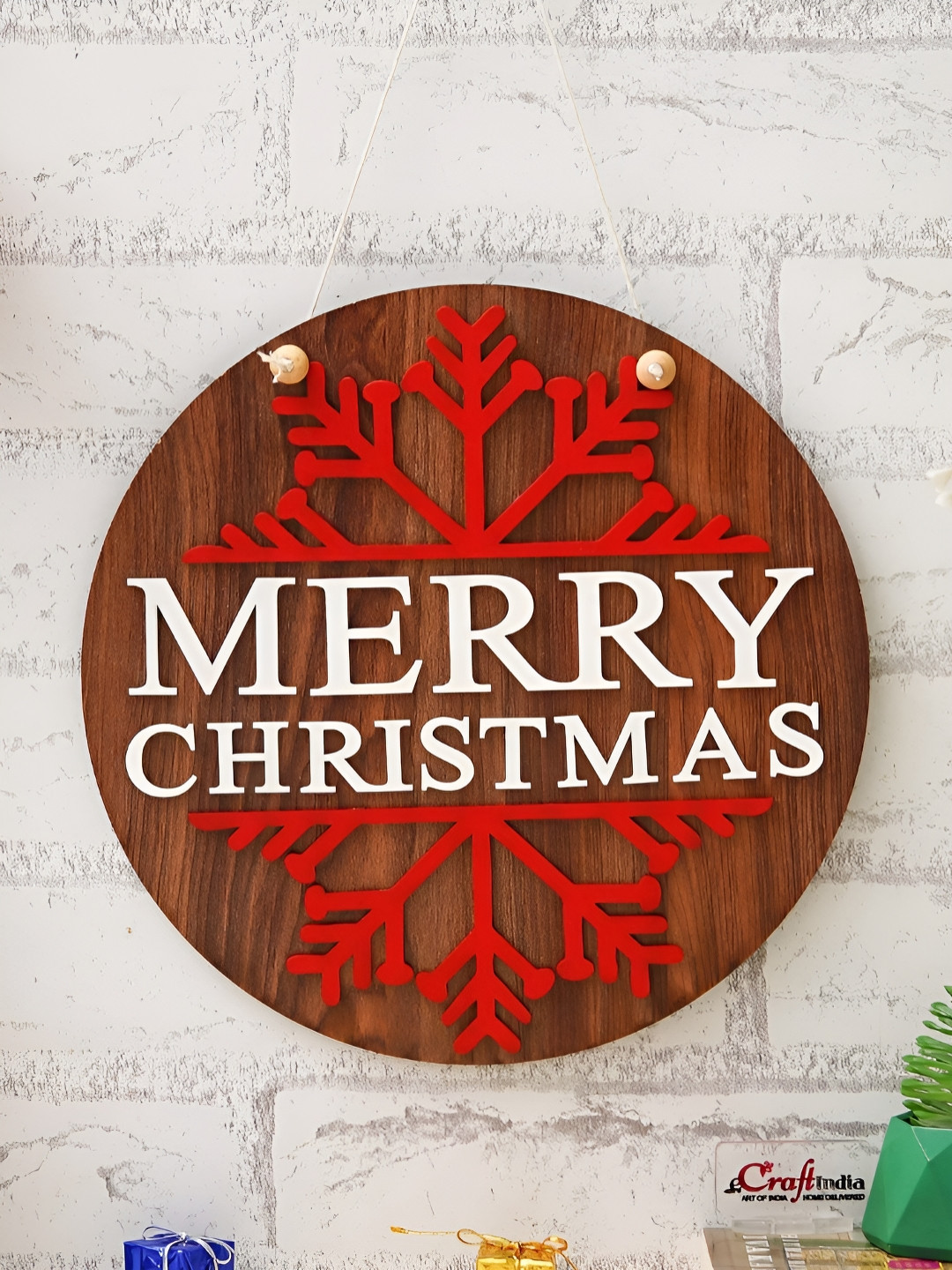 eCraftIndia Brown & White Textured Wooden Christmas Wall Hangings