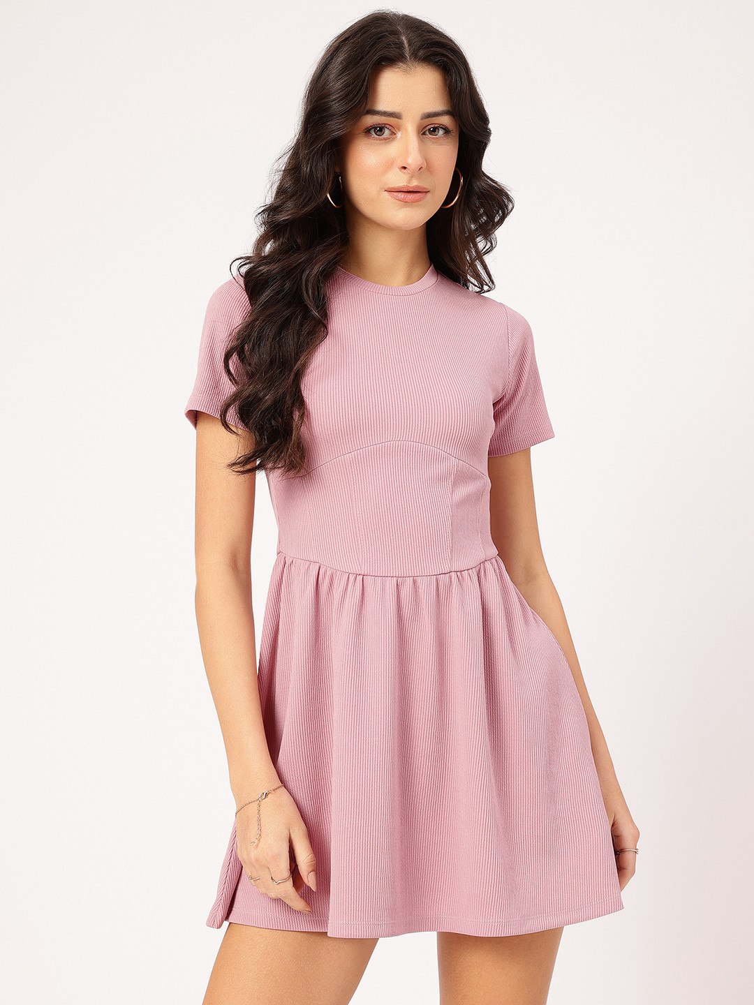 DressBerry Pleats Ribbed Mini A-Line Dress