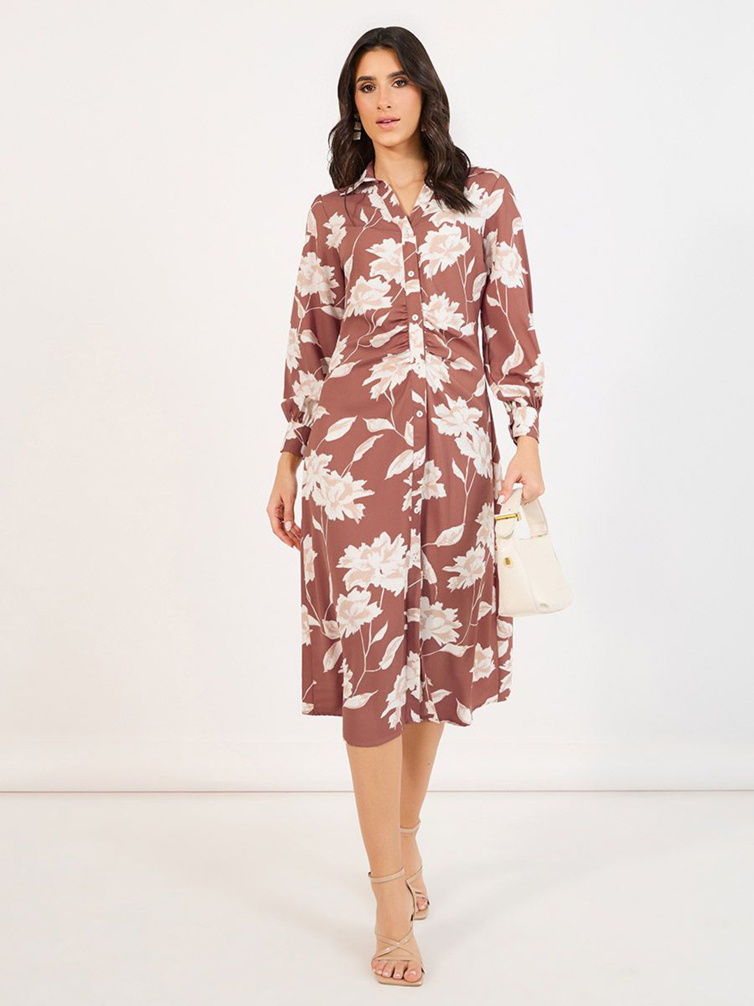 Styli Women Floral Print Collared Long Sleeves A-Line Midi Dress
