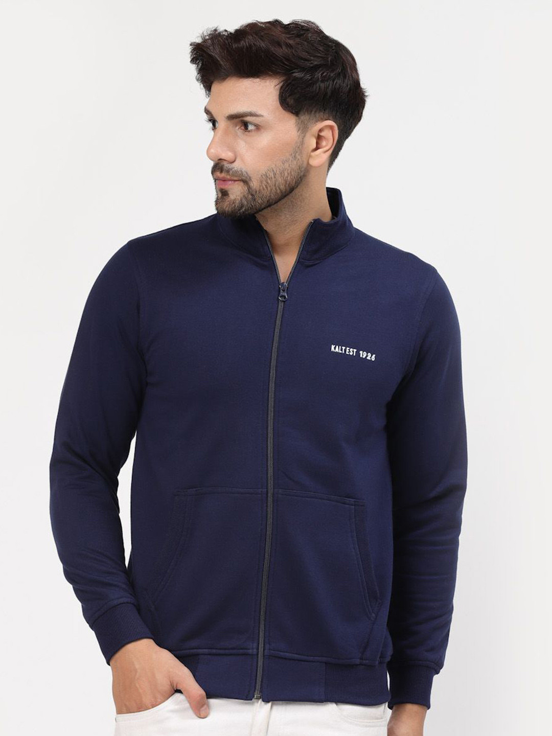 Kalt Men Mock Collar Front-Open Sweatshirt