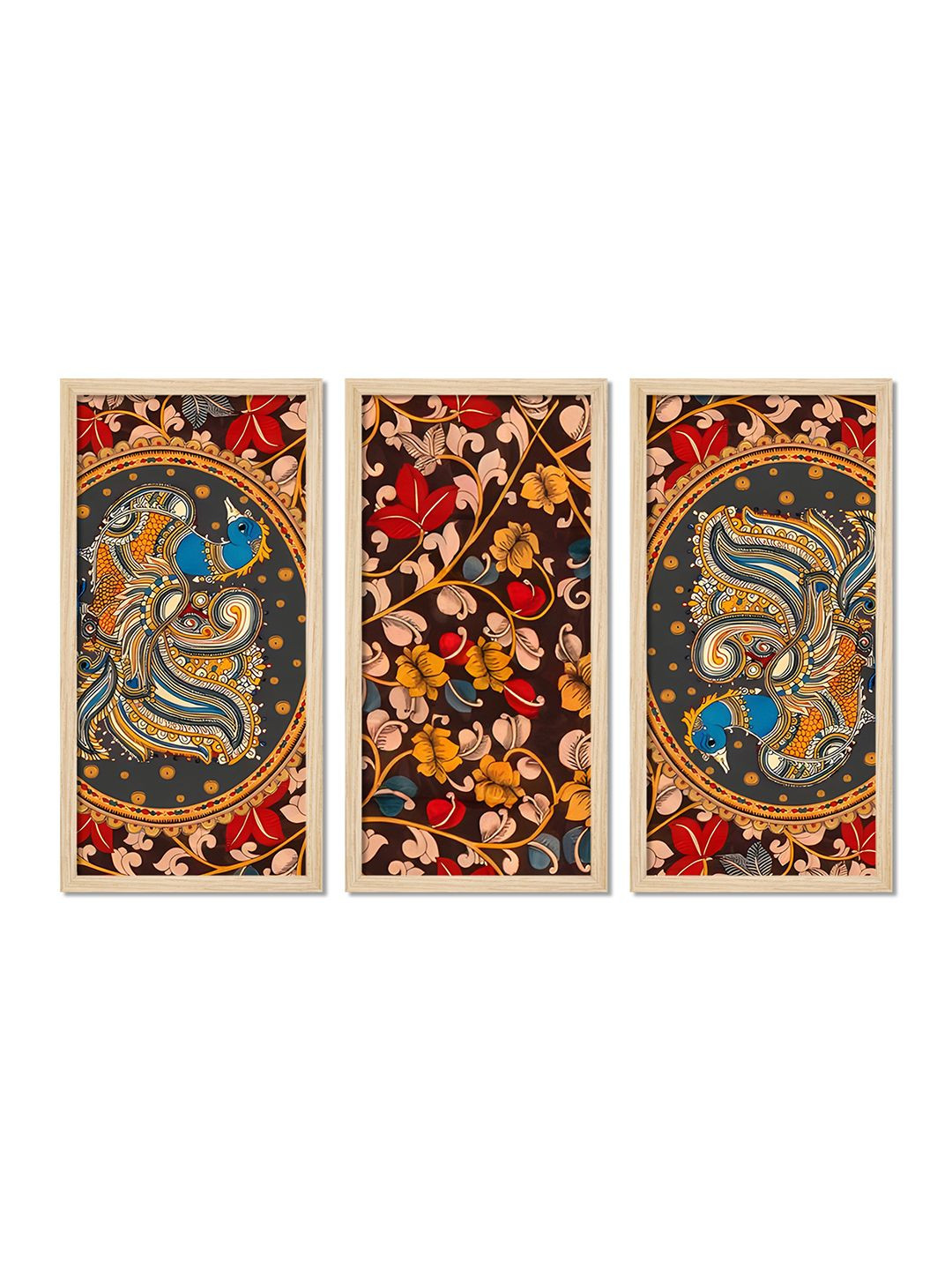 ArtVibes Red & Green 3 Pieces Kalamkari Floral Wooden Painting Wall Arts