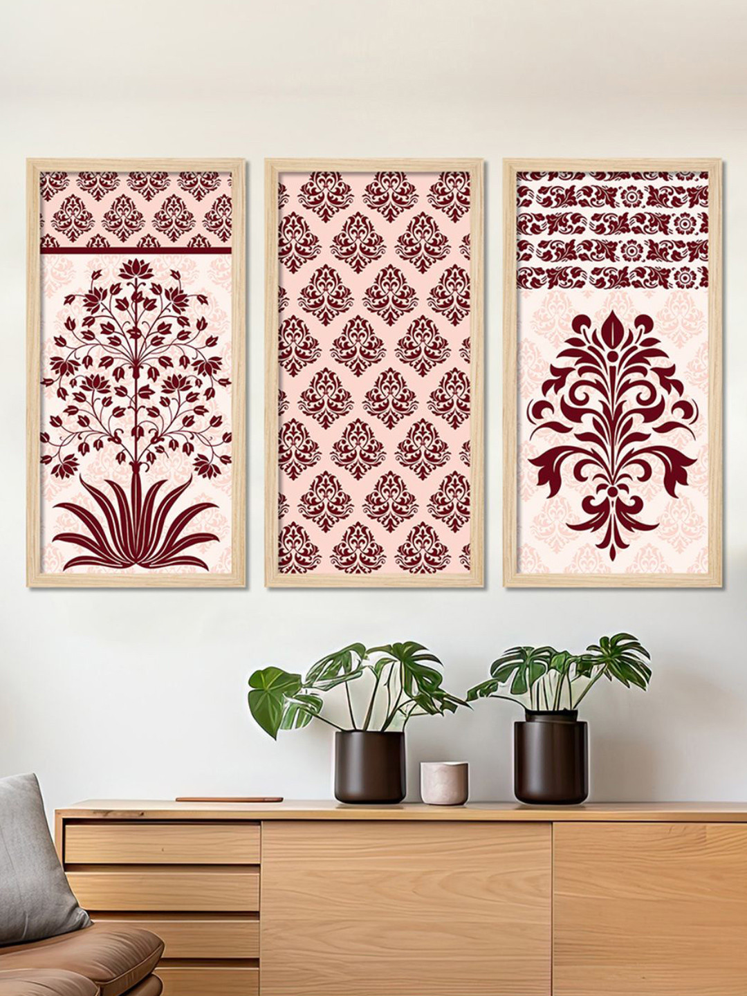 ArtVibes Traditional Flower Wood 3 Pcs Wall Rectangle Paintings Wall Art - 19 x 10In