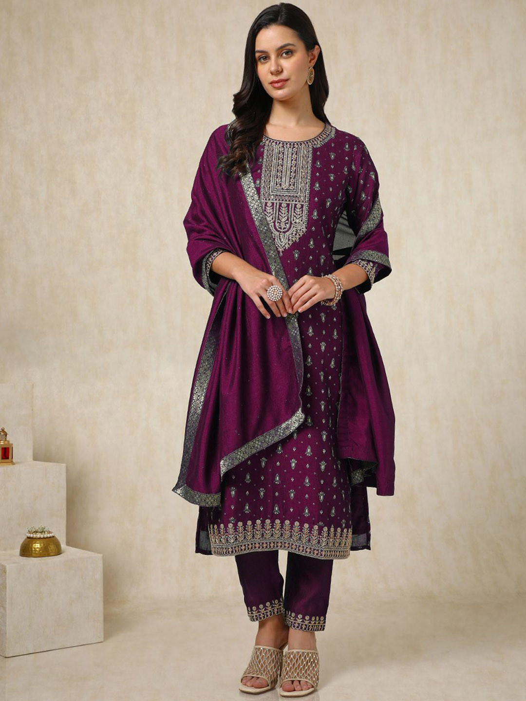 Soch Burgundy Floral Embroidered Round Neck Regular Kurta With Trouser With Dupatta