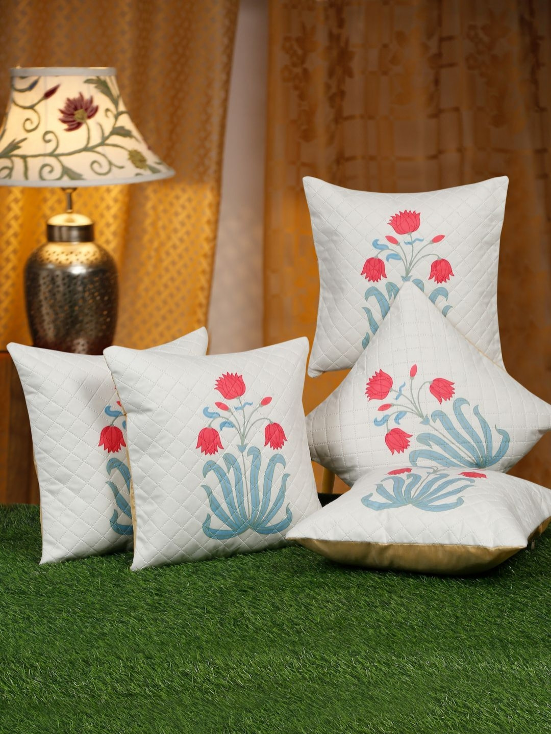 SOKNACK Red Floral Velvet Quilted 5 Piece Square Cushion Covers -16x16In