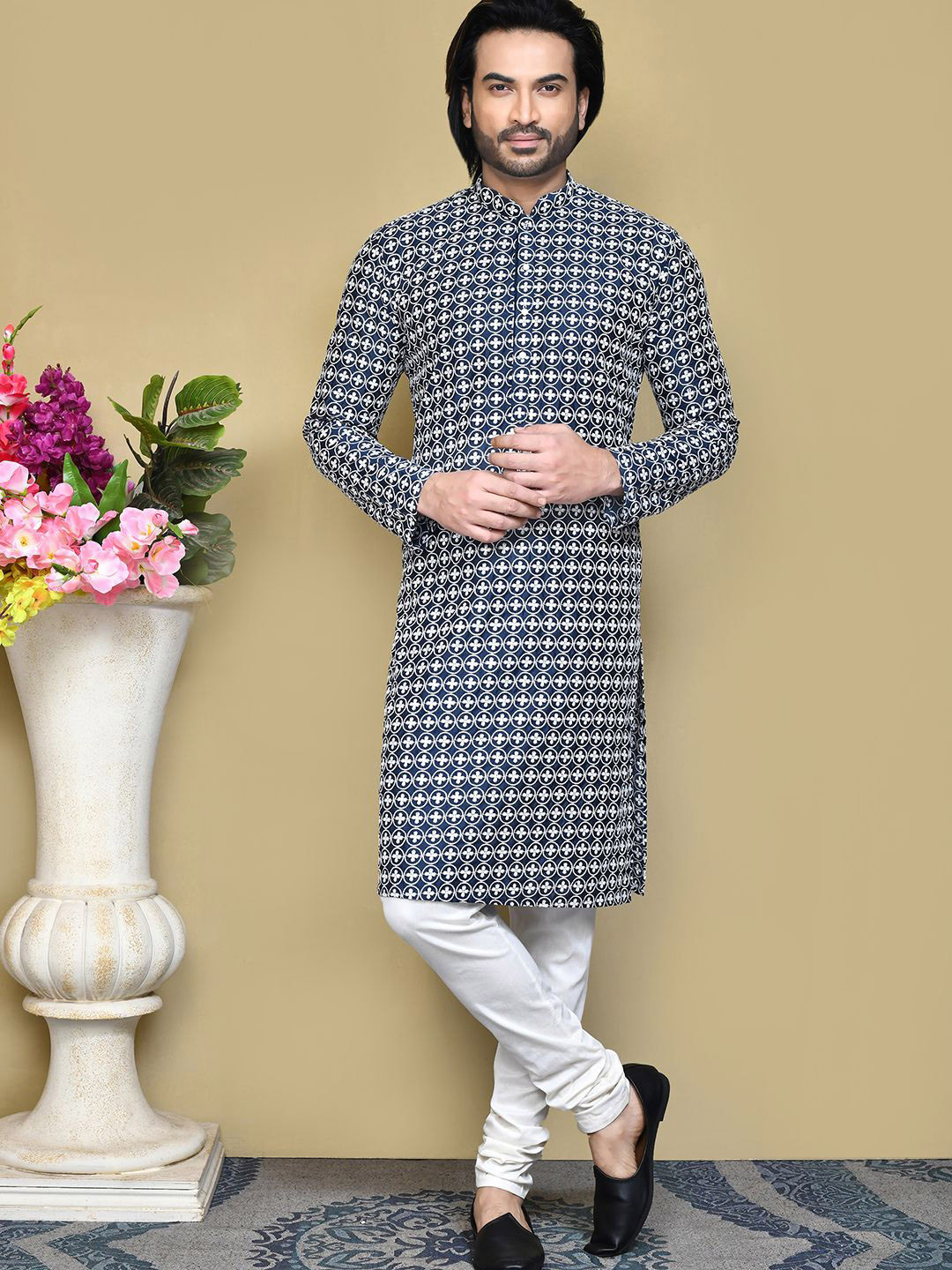 RANAK Geometric Printed Mandarin Collar Cotton Straight Kurta