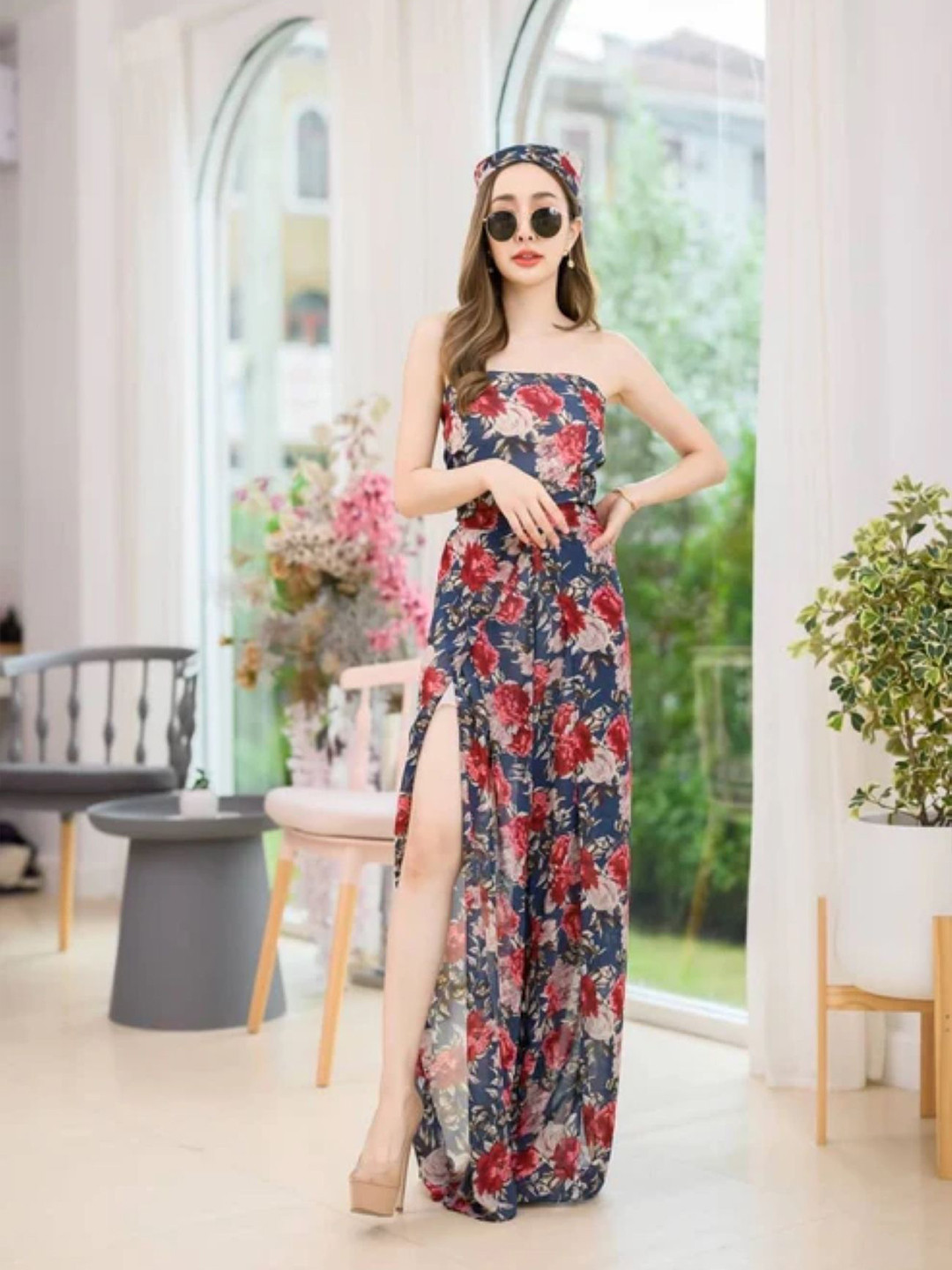 StyleAsh Floral Printed Strapless Crop Top With Palazzos & Bandana