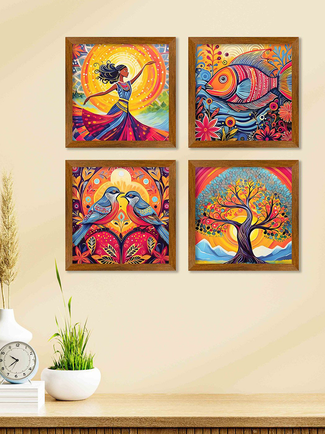 ArtVibes Modern Art Wood 4 Piece Wall Square Paintings Wall Art -9 x 9In