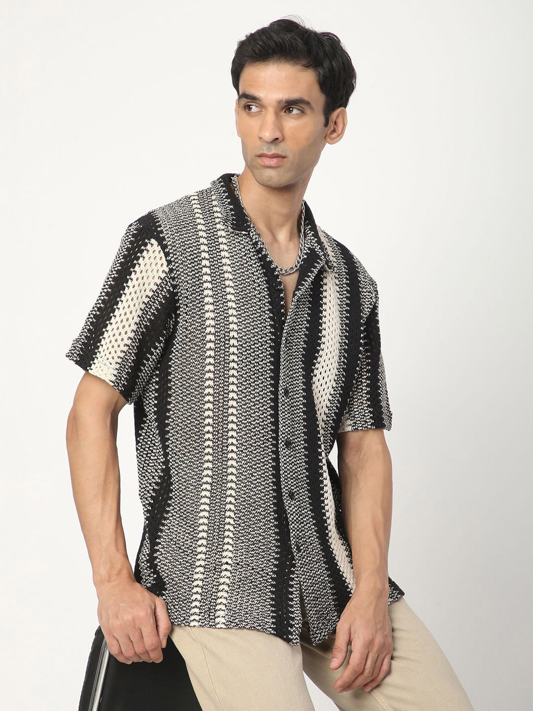 R&B Men Striped Semi Sheer Crochet Casual Shirt