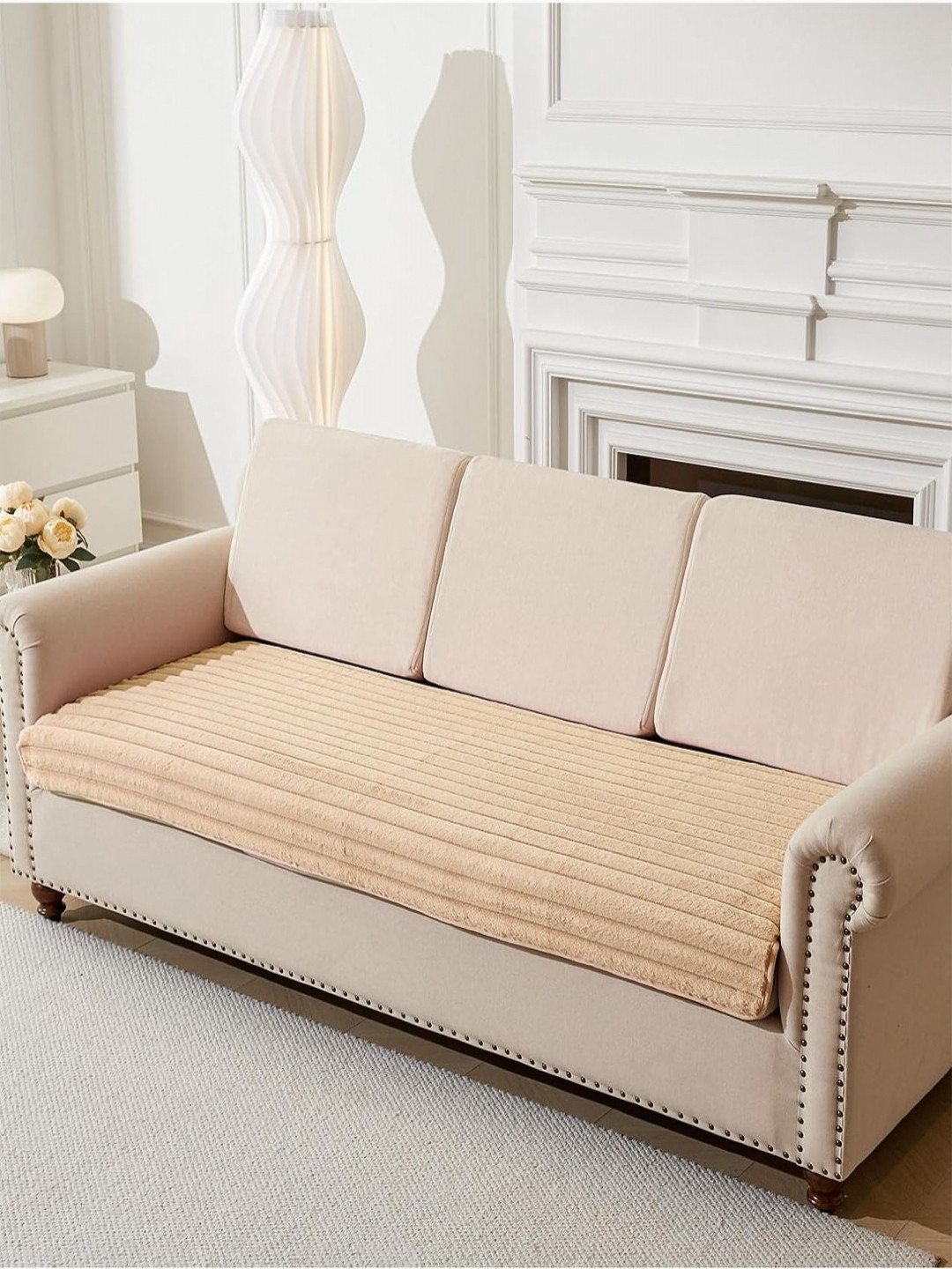 HOUSE OF QUIRK 3D Striped Rabbit Plush Soft Sofa Mat Anti-Slip Two Seater Sofa Cover