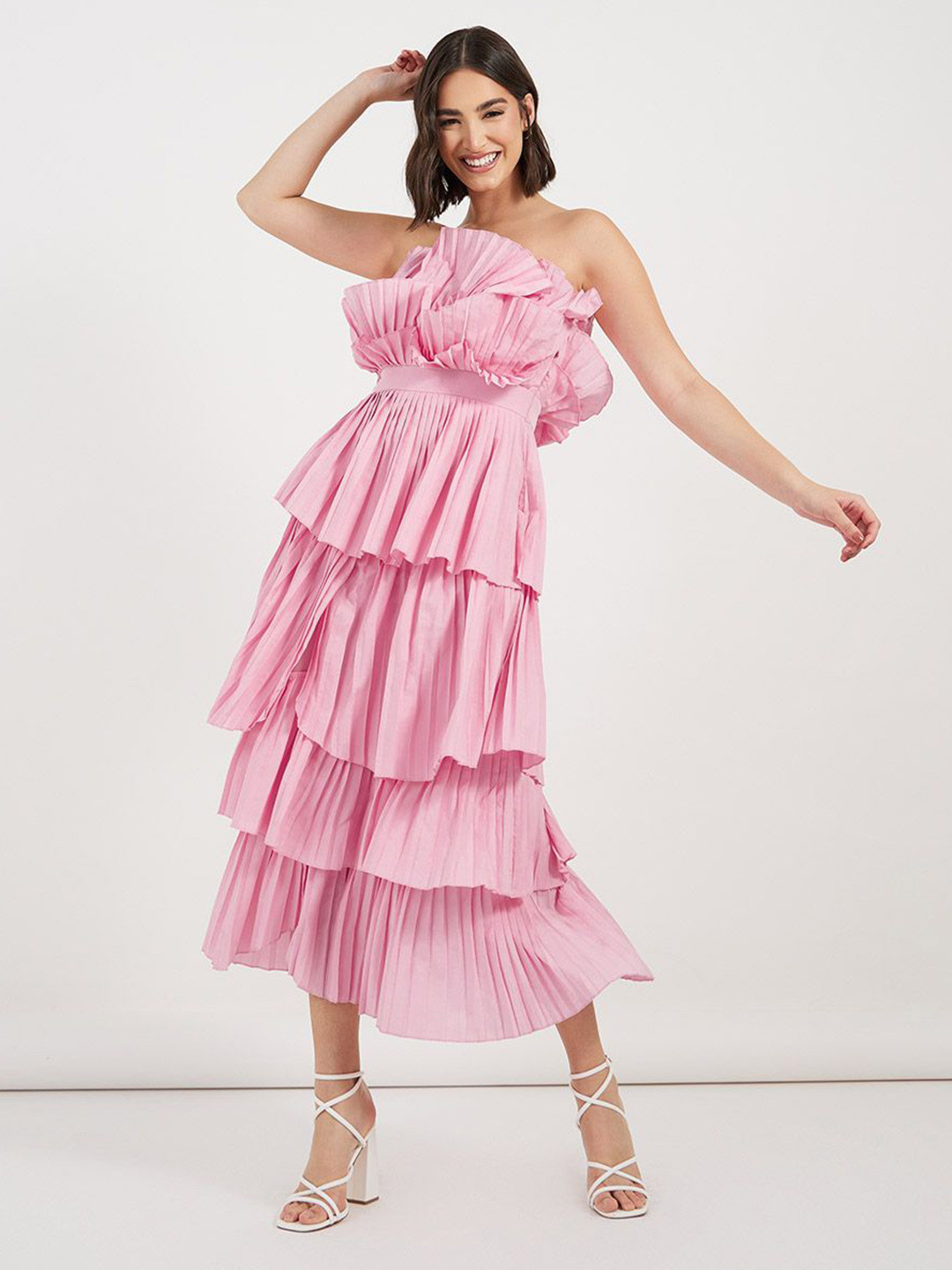 Styli Women Solid Off Shoulder Pleated Fit and Flare Maxi Dress