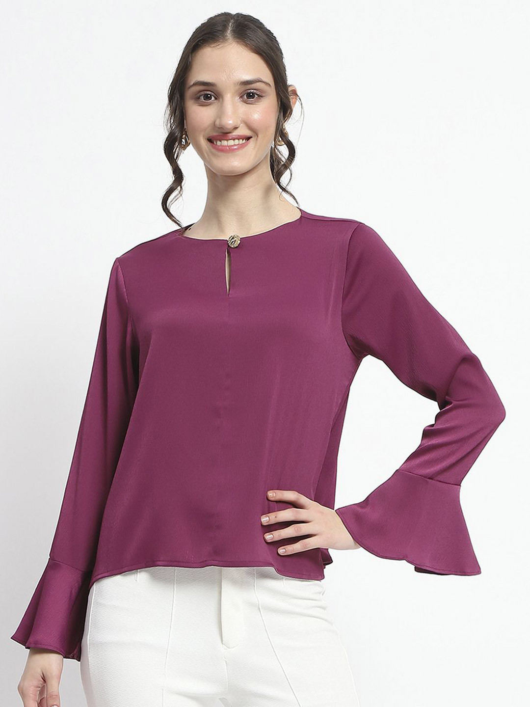 Madame Women Keyhole Neck Bell Sleeve Top