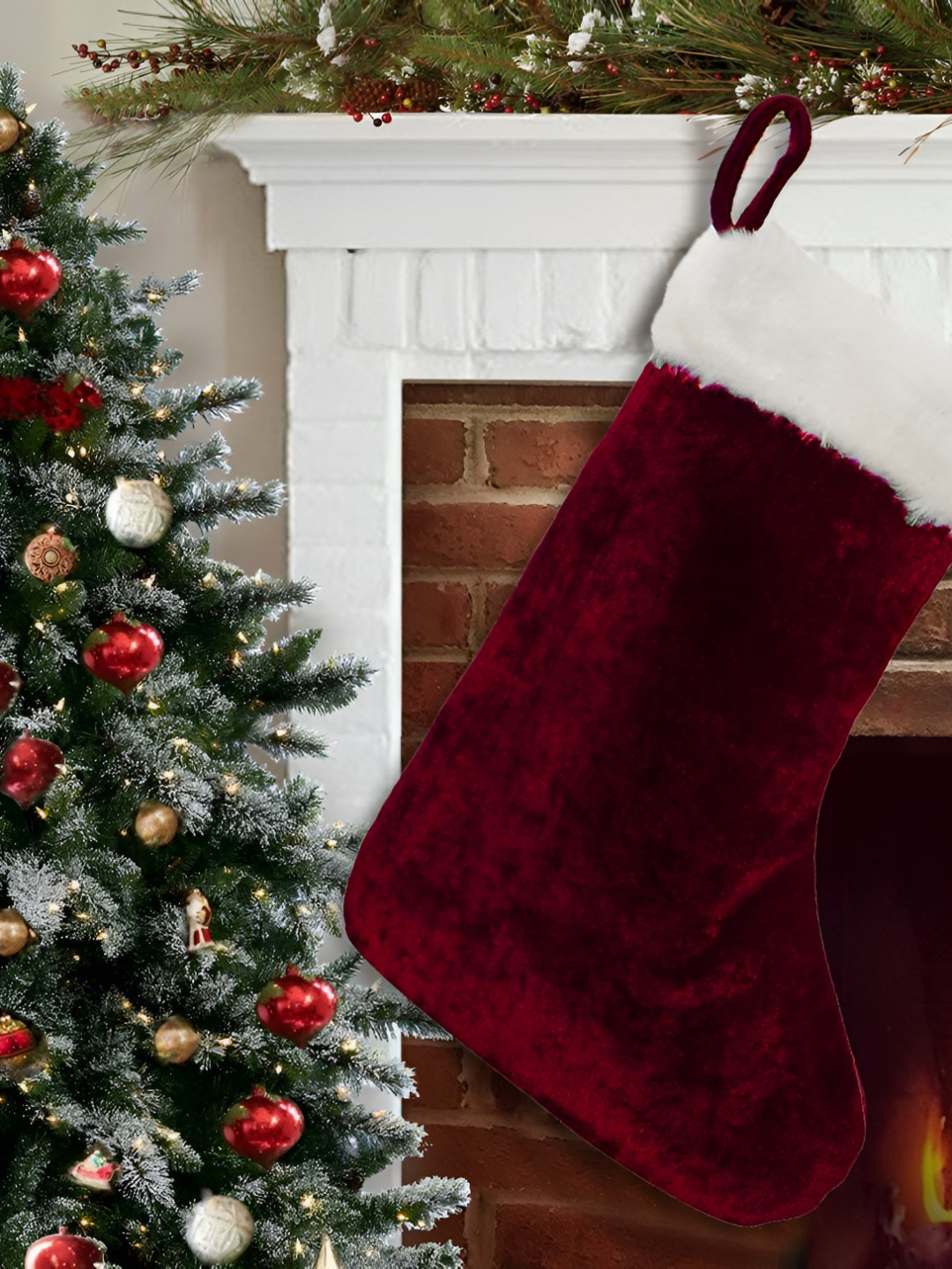 Home Heart Santa Stocking Maroon & White Velvet Christmas Decor