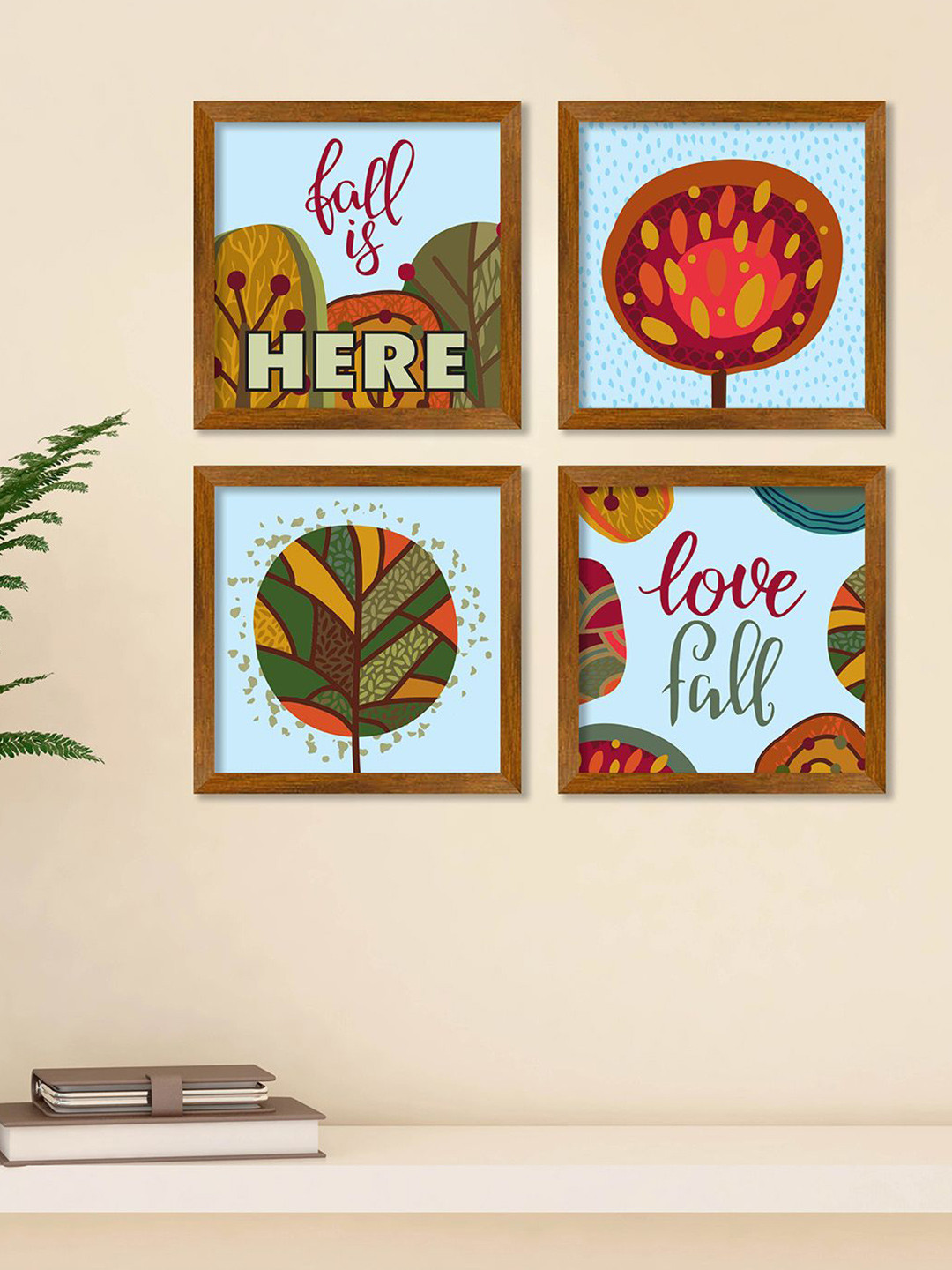 ArtVibes Blue & Green 4 Pieces Fall is Here Quote Wooden Paintings Wall Art
