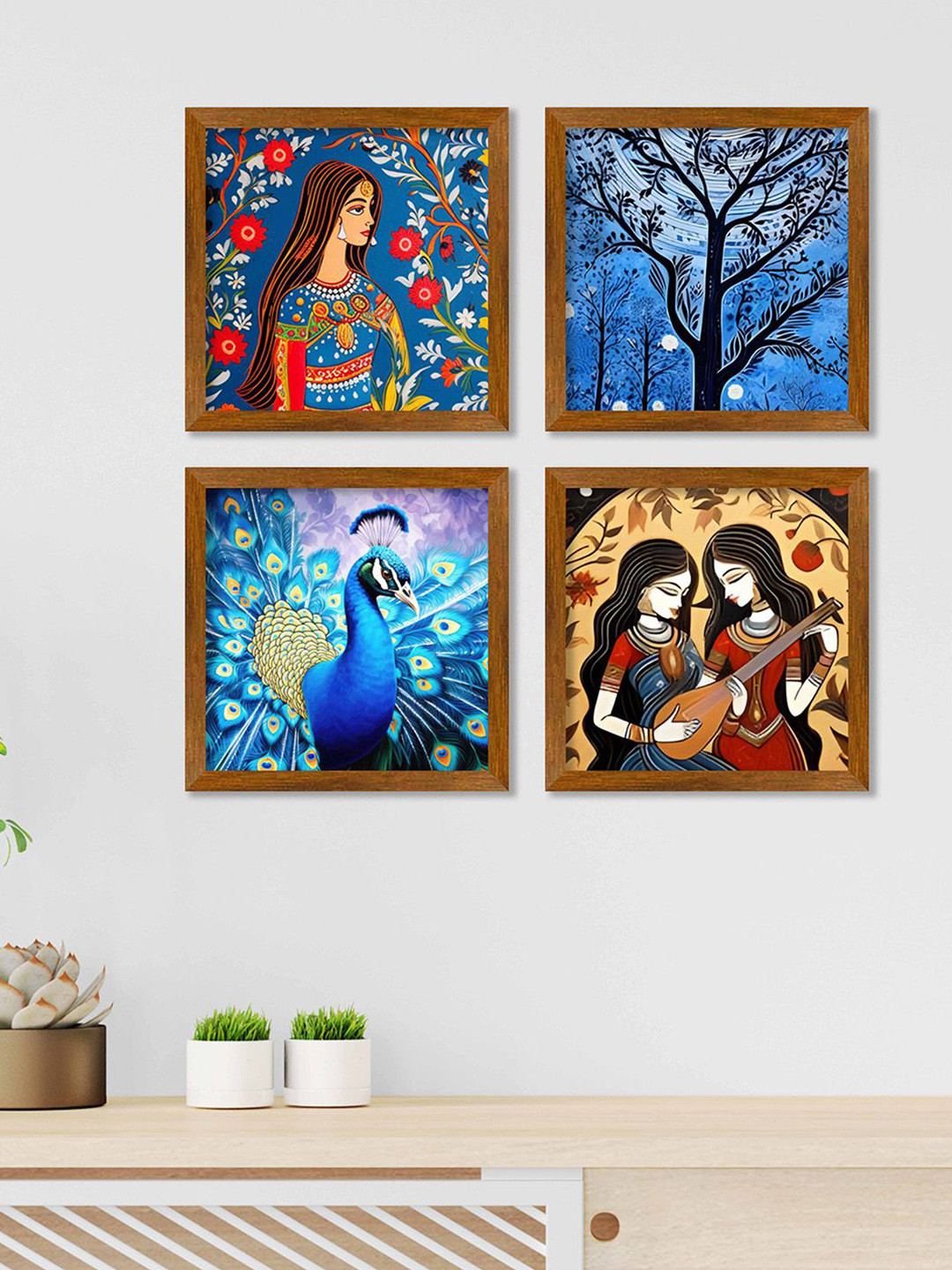 ArtVibes Wood 4 Piece Wall Rectangle Paintings Wall Art -9 x 9 In