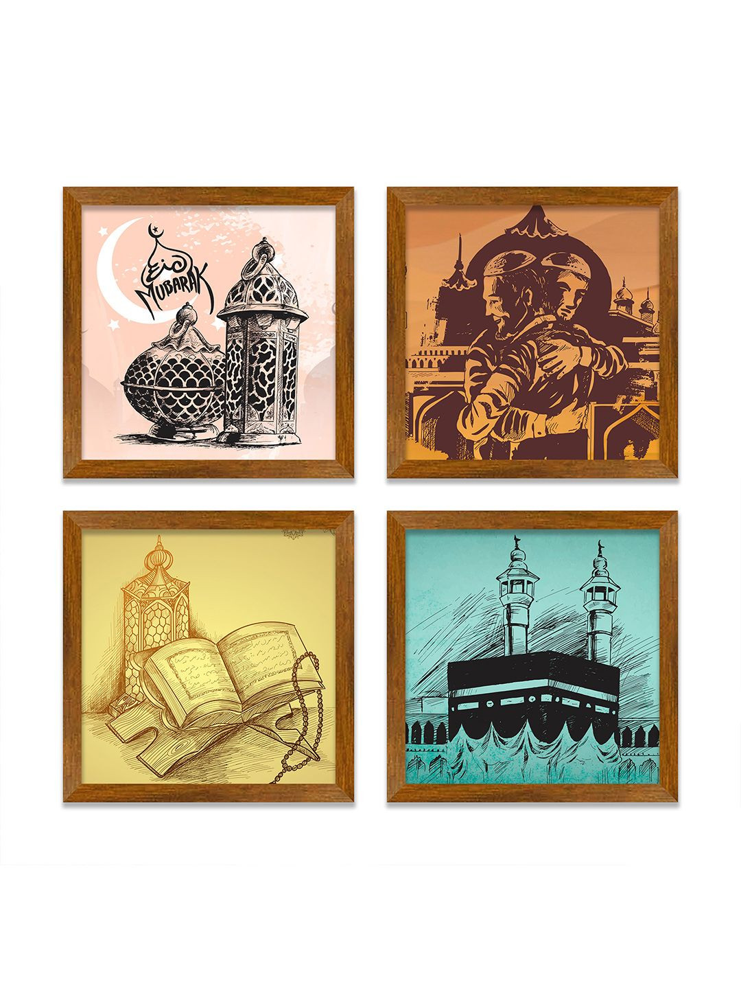 ArtVibes Eid Mubarak Islamic Wood 4 Piece Wall Square Paintings Wall Art -9 x 9 In