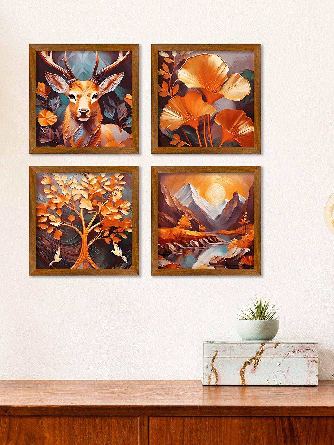 ArtVibes Brown & Grey 4 Pieces Nature Art Wooden Paintings Wall Art