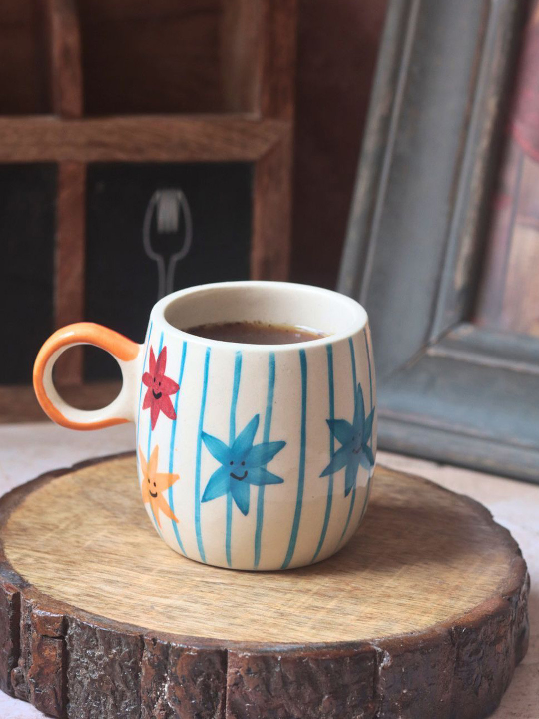 WEAVING HOMES Stackable White Striped Ceramic Microwave Safe Mug-250ml