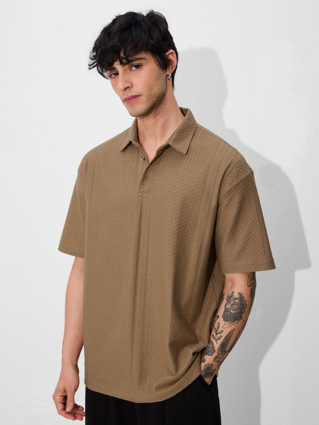 The Souled Store Men Textured Polo Collar T-shirt