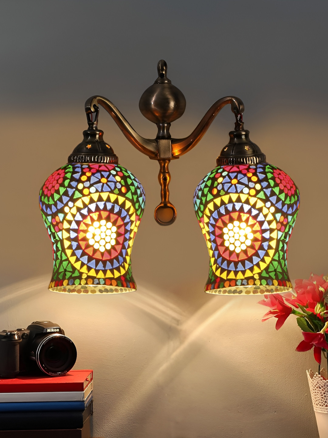 Devansh White & Blue Textured Bell Shaped Mosaic Glass Contemporary Wall Lamp