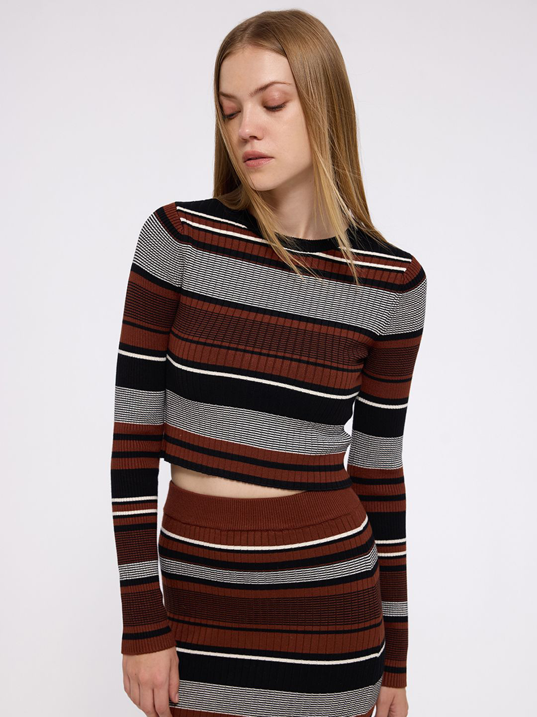 COVER STORY Women Striped Round Neck Crop Pullover Sweater