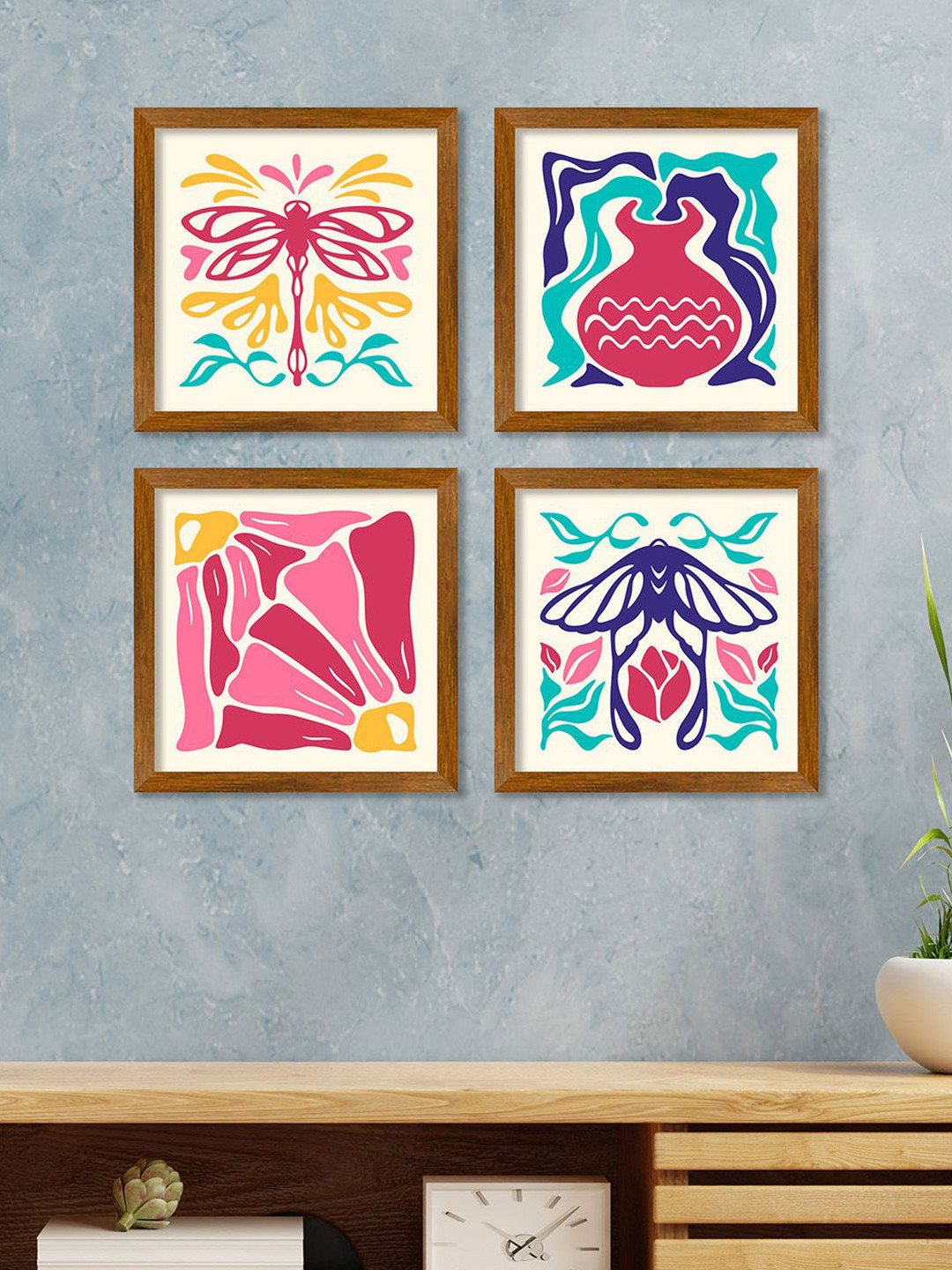 ArtVibes Groovy Floral Wood 4 Piece Wall Square Paintings Wall Art -9 x 9 In