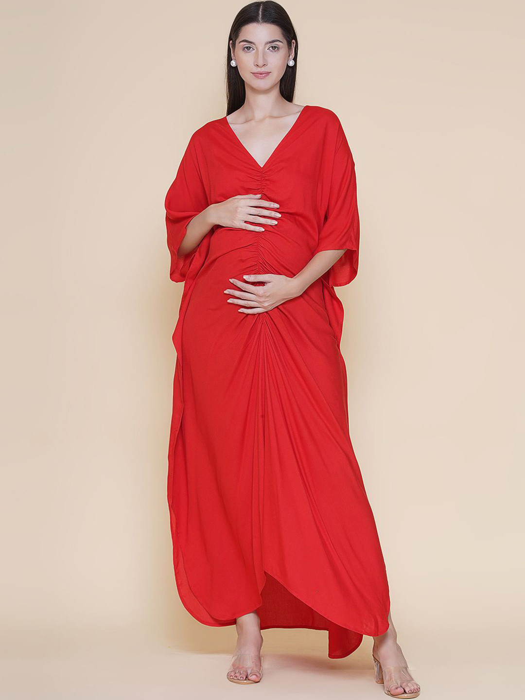 Mine4Nine Women Batwing Sleeve Maternity Fit & Flare Maxi Dress