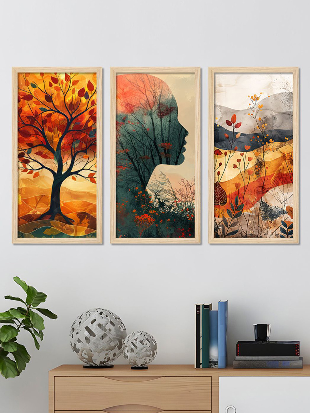 ArtVibes Orange & Grey 3 Pieces Tree With Colorful Leaves Wooden Wall Art