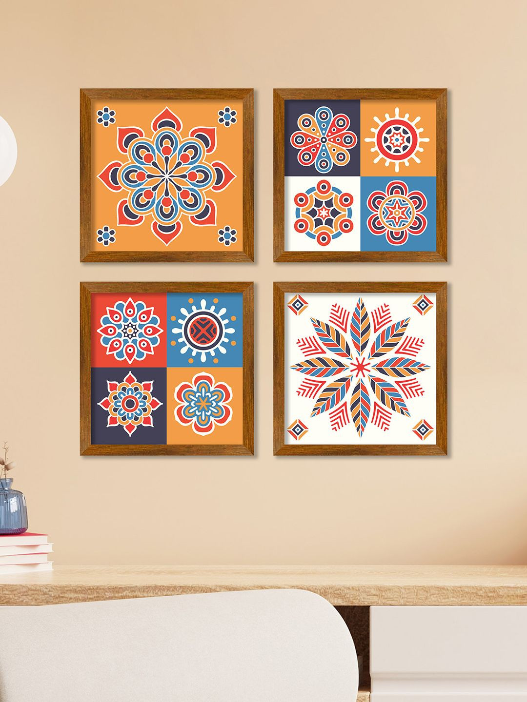 ArtVibes Brown 4 Pieces Floral Mandala Wooden Wall Arts