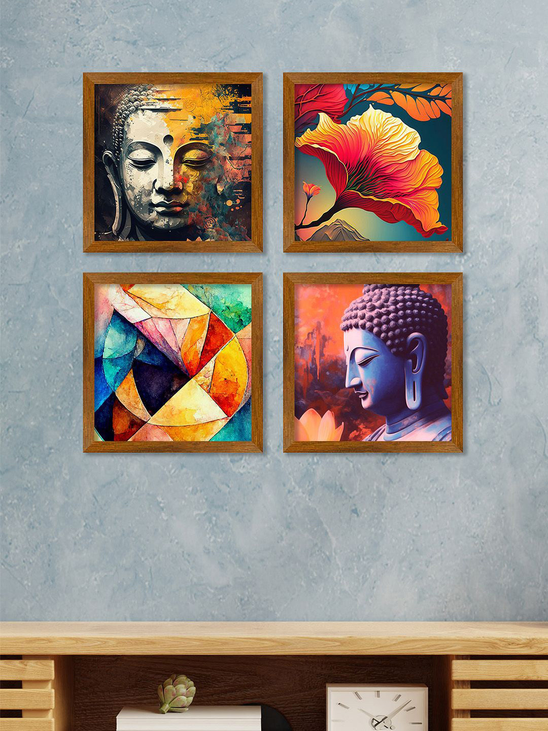 ArtVibes Spiritual God Buddha Wood 4 Piece Wall Square Paintings Wall Art -9 x 9 In