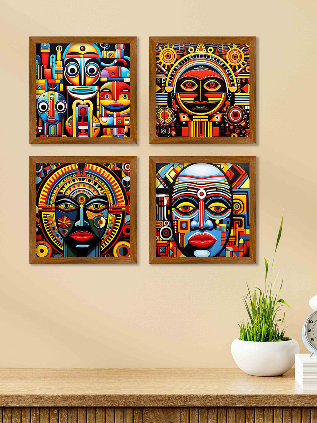 ArtVibes Red & Blue 4 Pieces African Art Printed Wooden Square Wall Arts