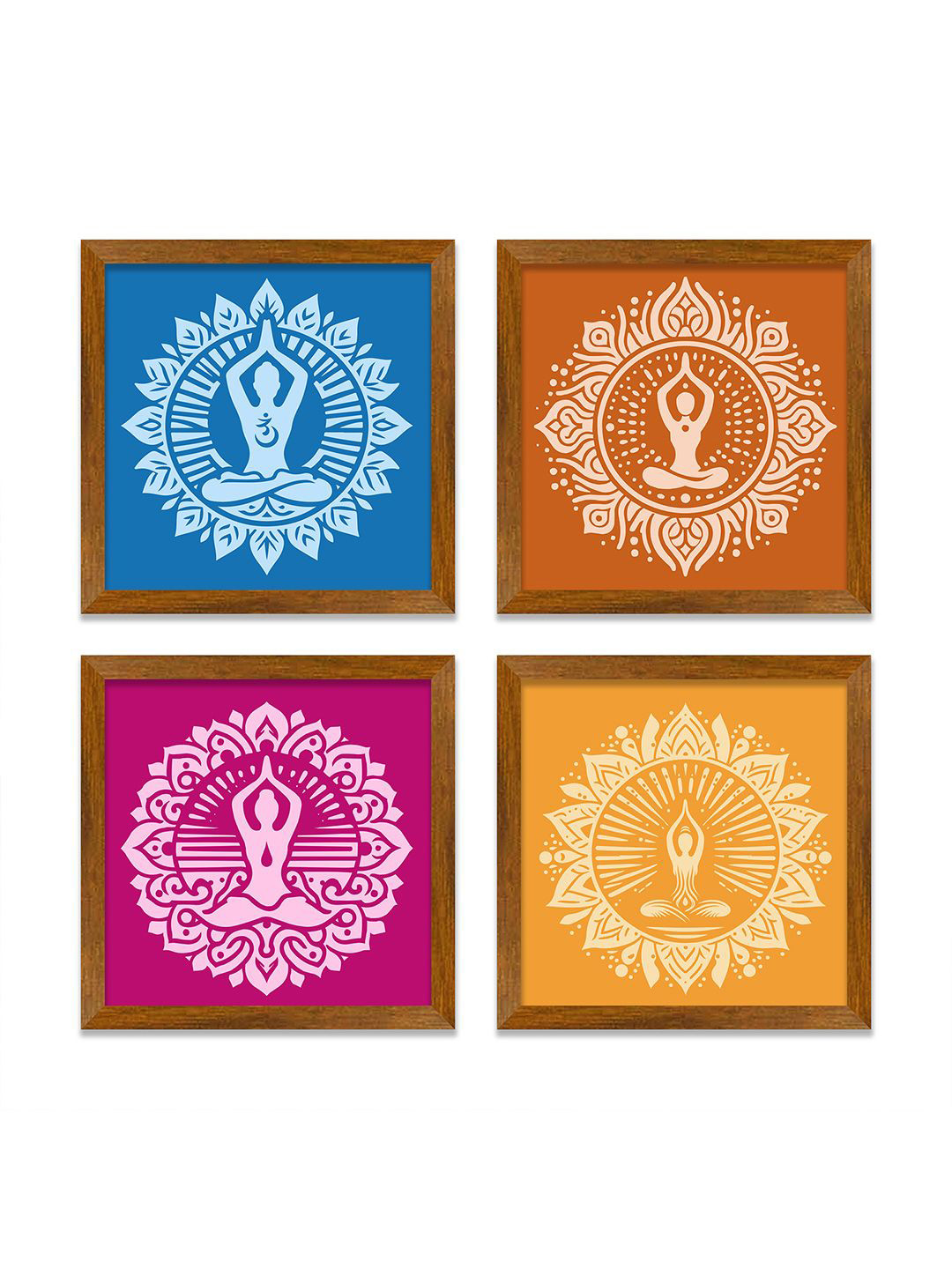 ArtVibes Yellow & Blue 4 Pieces Wooden Yogaasana Painting Wall Arts