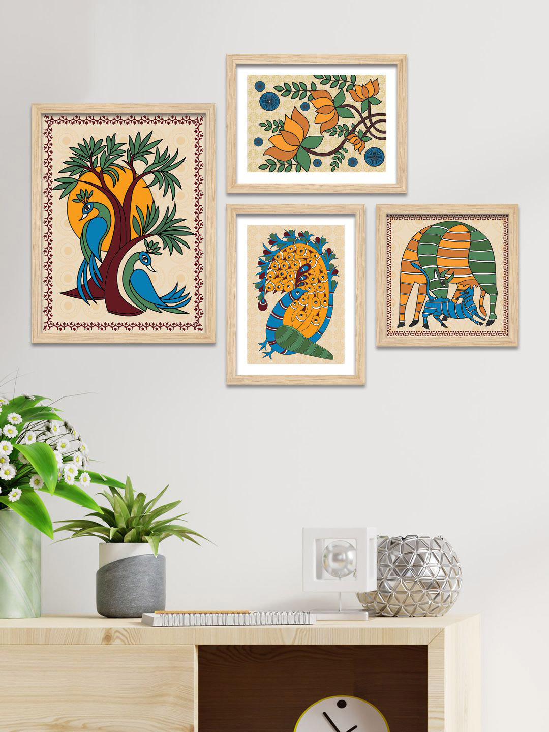 ArtVibes Orange Wood 4 Pcs Wall Living Room Rectangle Paintings Wall Art -17.32 x 13.39In