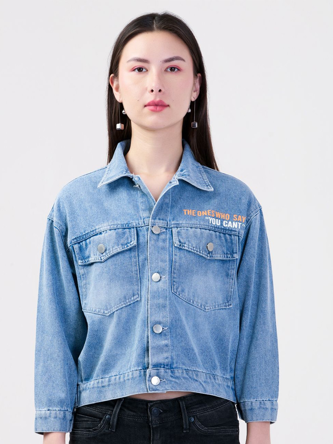 Albion By CnM Women Denim Printed Shirt Collar Long Sleeves Crop Front-Open Sweatshirt